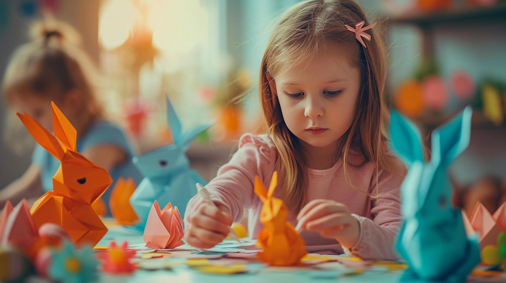AI generated Children crafting intricate paper bunnies, infusing the house with Easter charm. photo