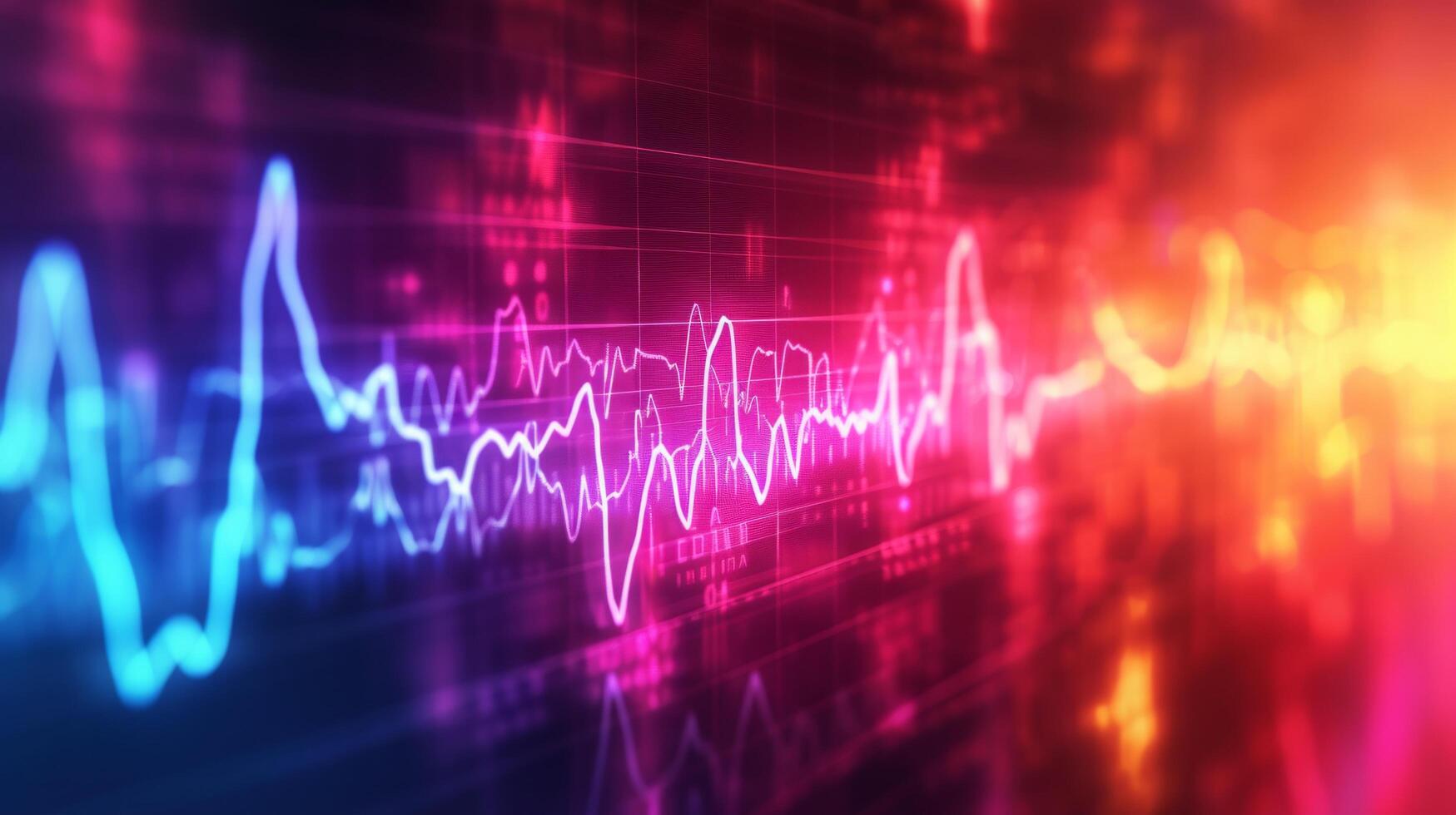 AI generated Colorful, pulsating ECG waves illustrating heart activity and rhythm on a digital monitor photo