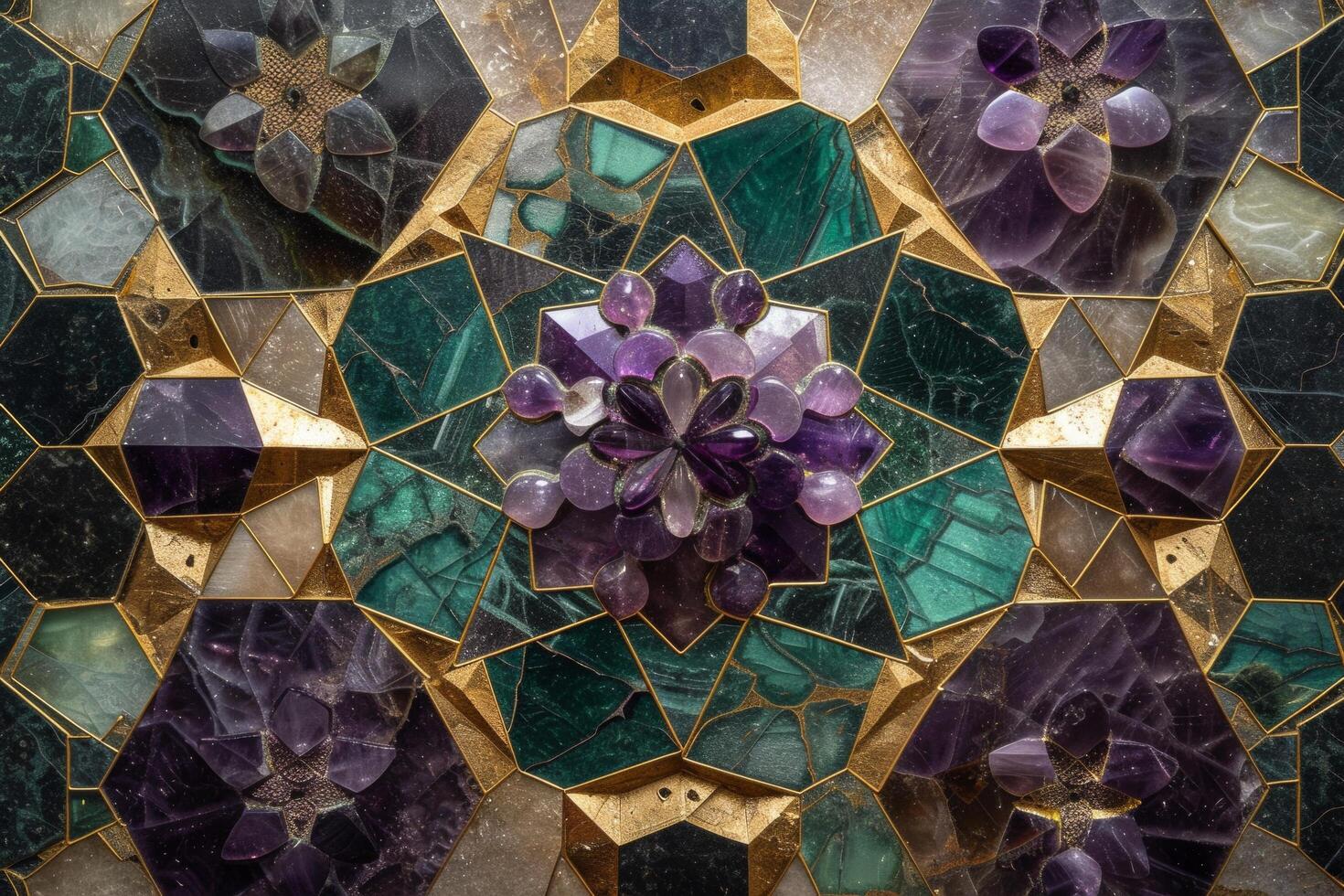AI generated Geometric patterns of emerald and amethyst, a symphony of opulent shapes and colors. photo