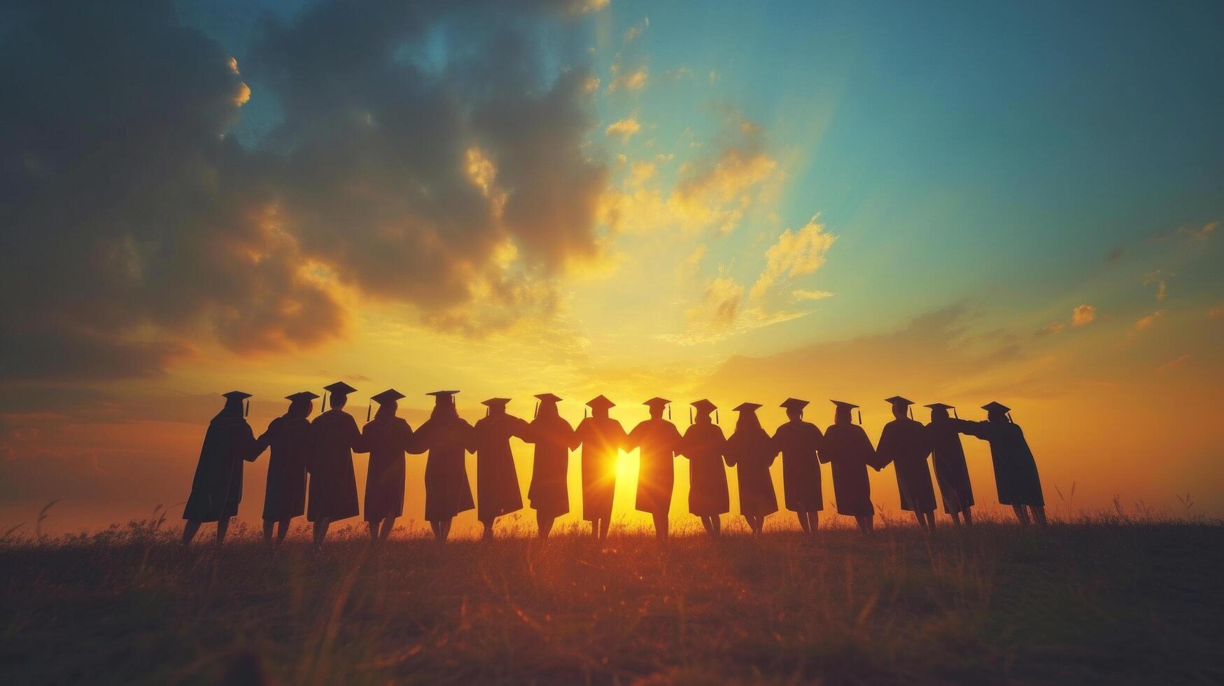 AI generated Graduates linking arms, forming a human chain symbolizing unity and accomplishment. photo