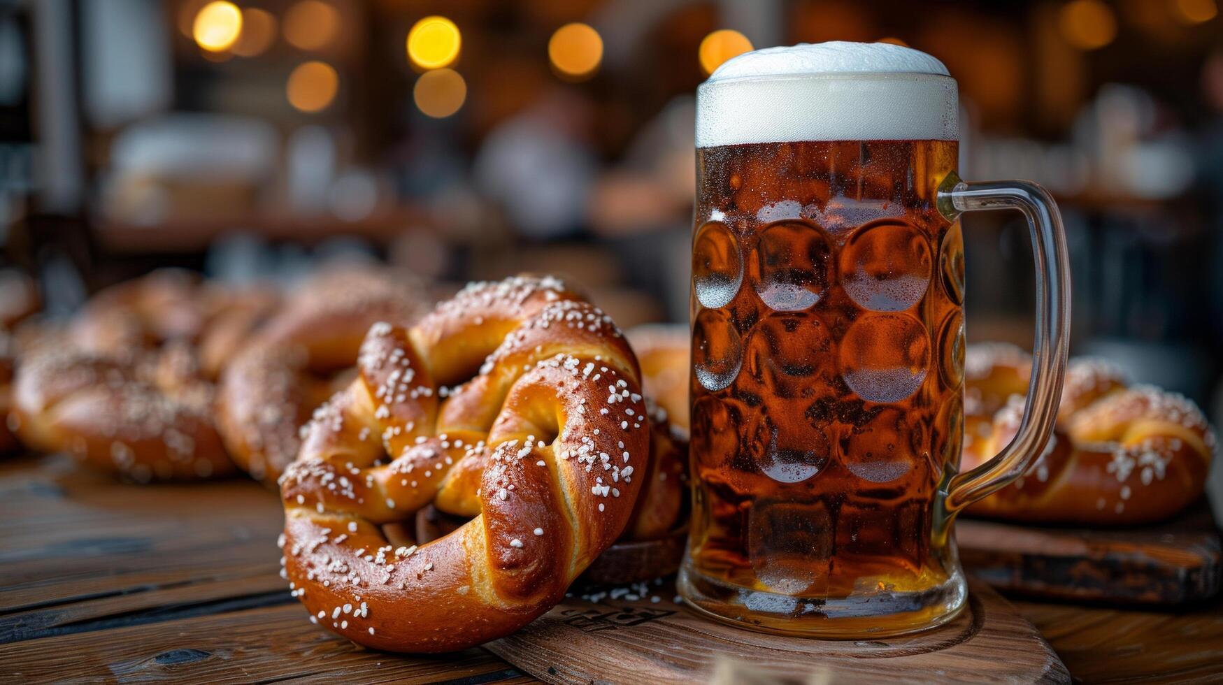 AI generated Iconic soft pretzels served with a cold, foamy beer, a popular German snack. photo