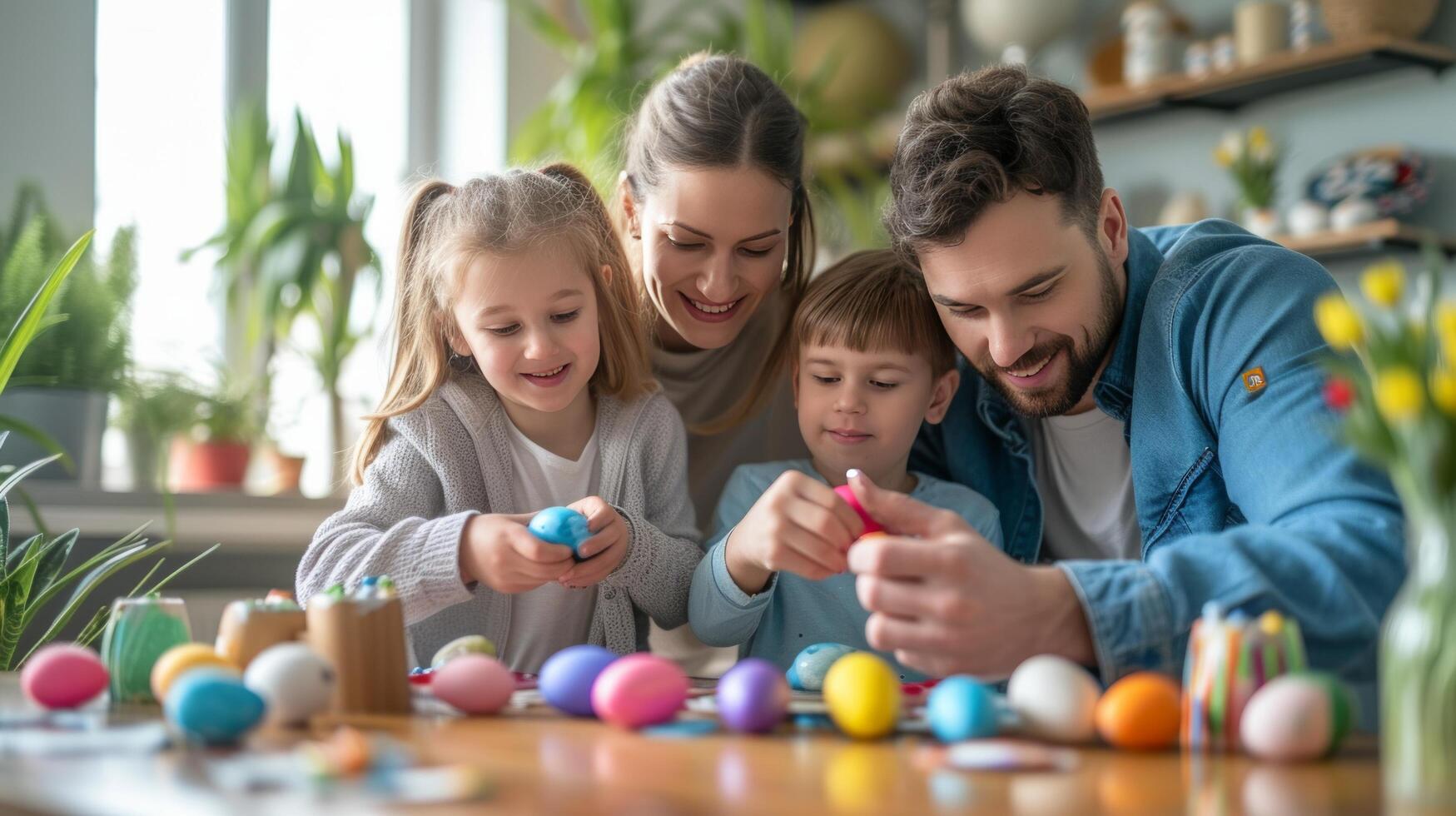 AI generated Joyful family painting vibrant Easter eggs, adding colors to their festive home decor photo