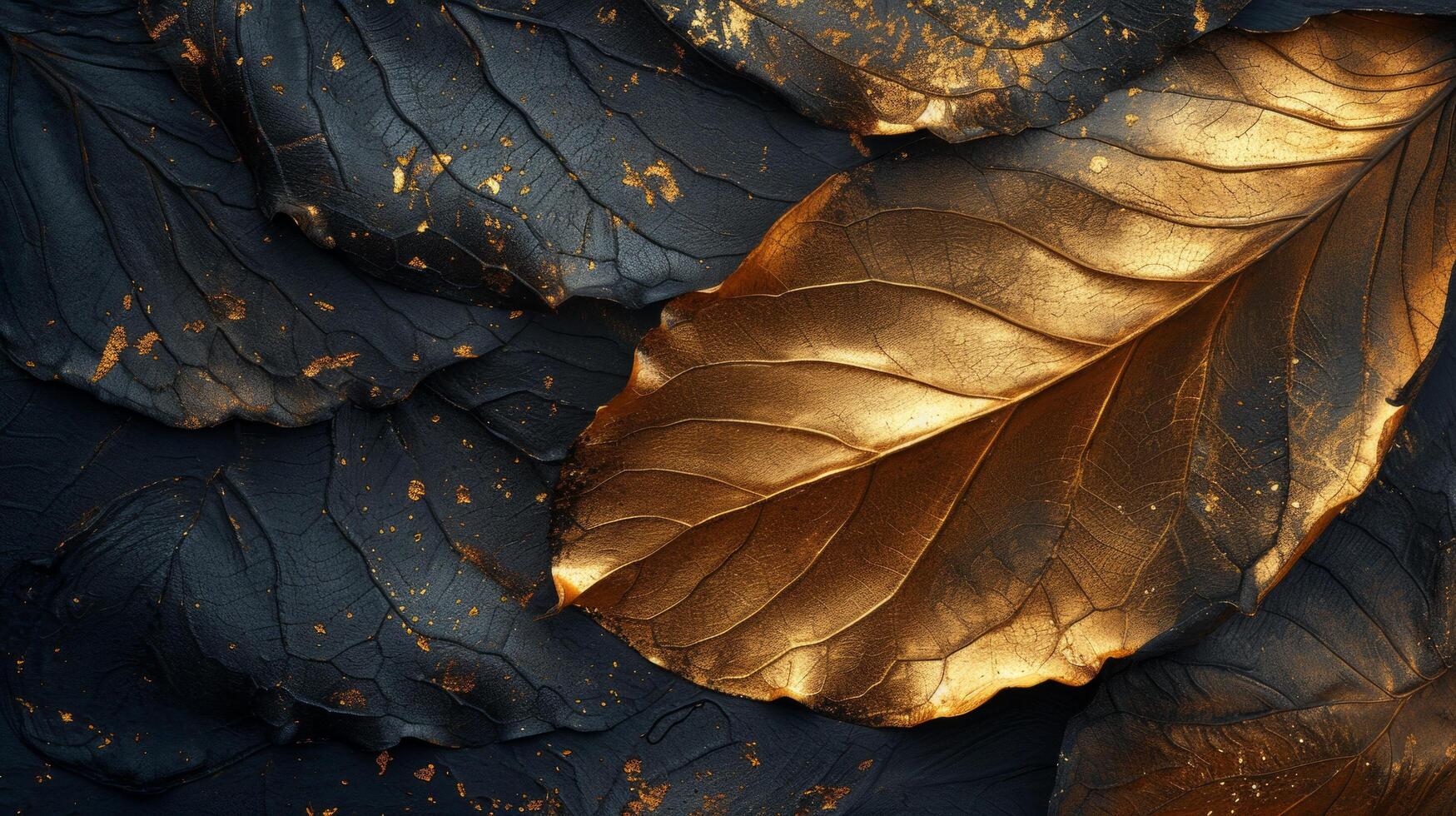 AI generated Opulent gold leaf patterns on a midnight black canvas, exuding elegance and extravagance. photo