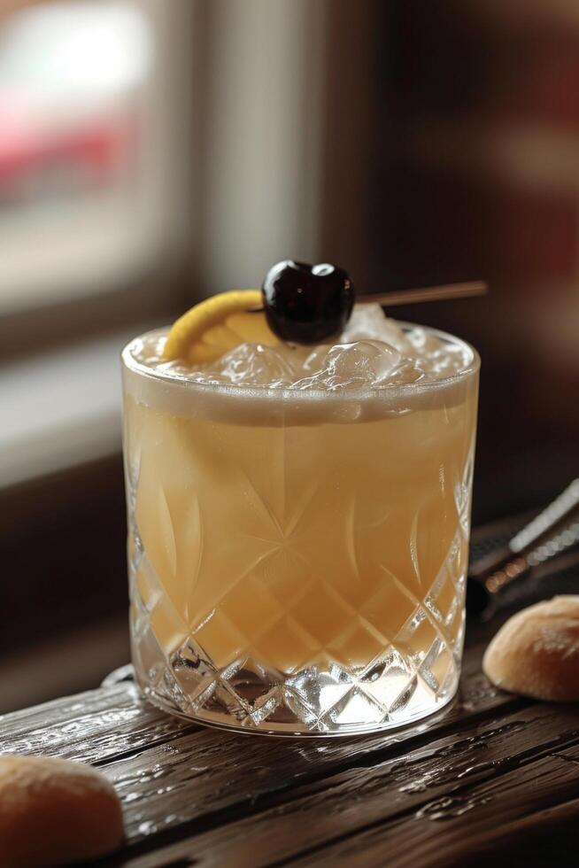 AI generated Whiskey Sour. Whiskey, lemon juice, simple syrup, shaken and served with a cherry photo