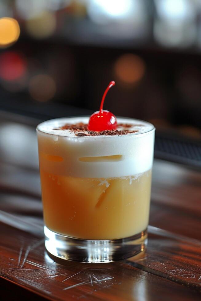 AI generated Whiskey Sour. Whiskey, lemon juice, simple syrup, shaken and served with a cherry photo