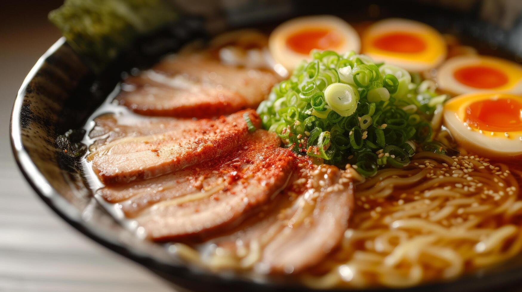 AI generated A bowl of traditional ramen, featuring thin noodles, tender pork, and a flavorful broth. photo