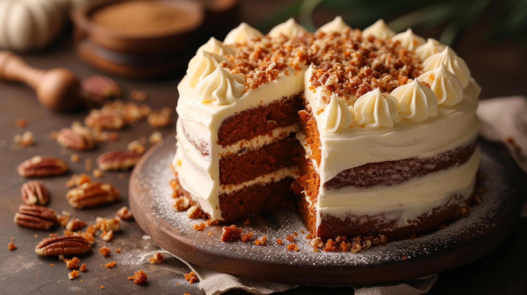 AI generated A moist carrot cake with cream cheese frosting, adorned with finely chopped walnuts. photo