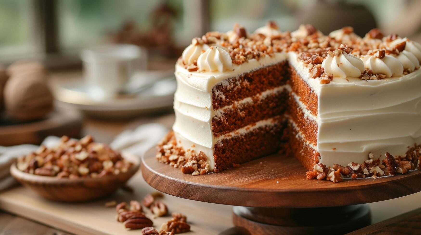 AI generated A moist carrot cake with cream cheese frosting, adorned with finely chopped walnuts. photo