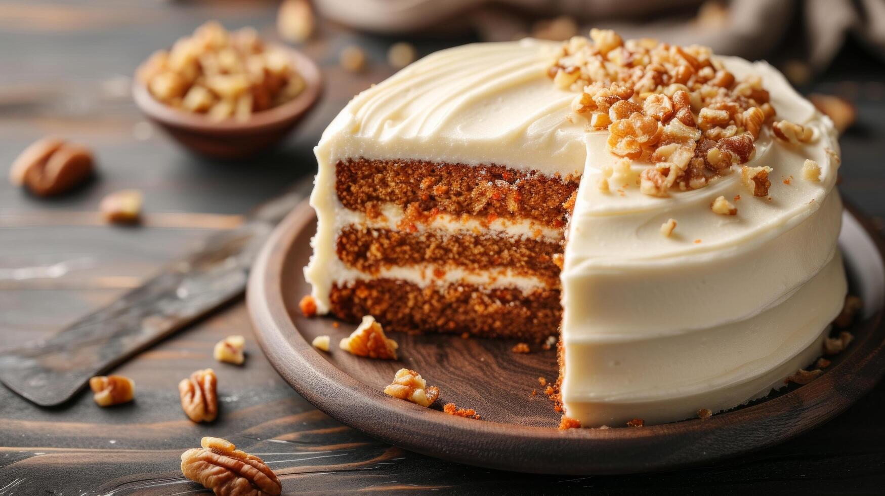 AI generated A moist carrot cake with cream cheese frosting, adorned with finely chopped walnuts. photo