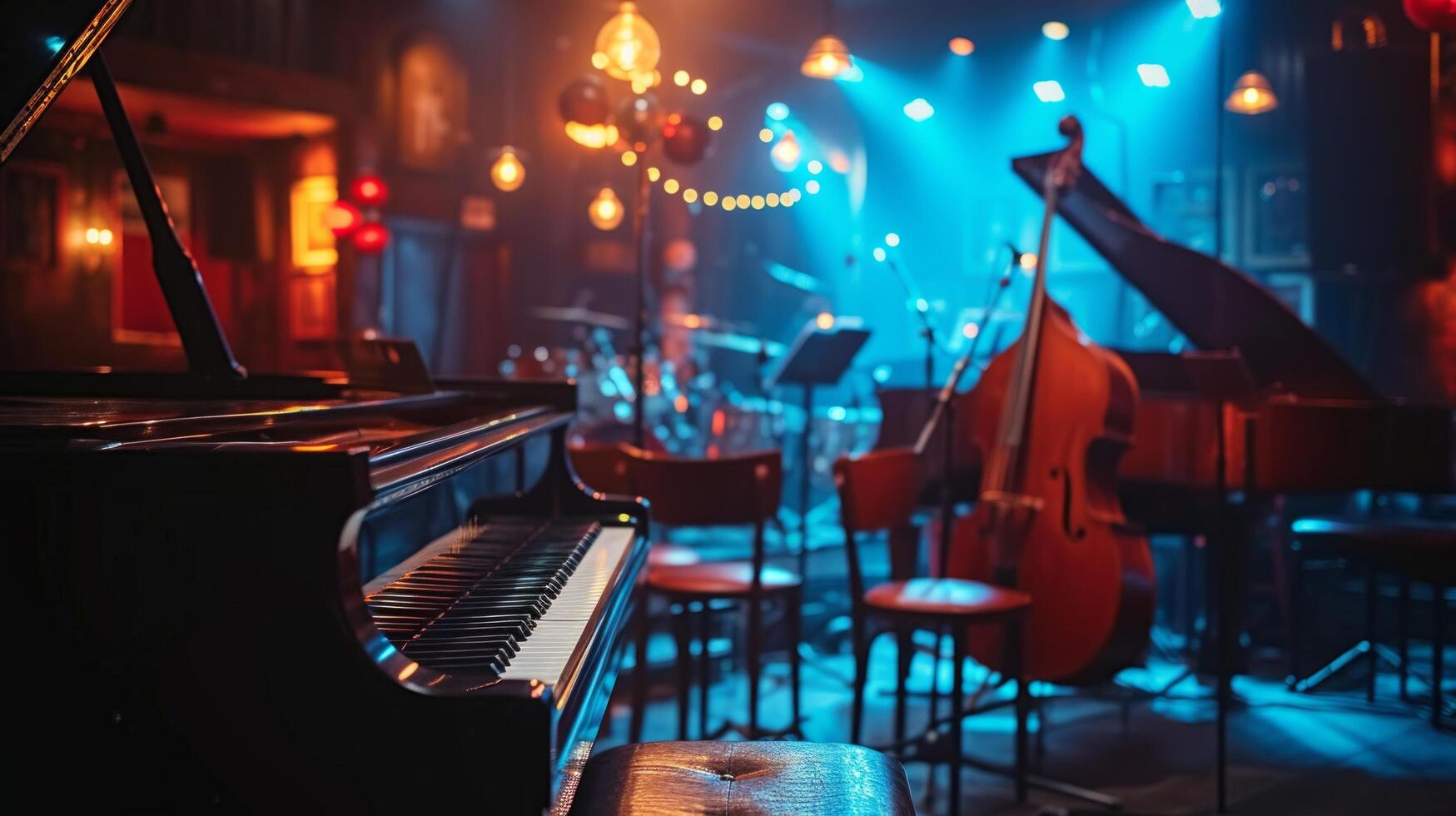 AI generated A vibrant jazz club with smoky ambiance, showcasing the allure of live improvisation. large copyspace area, offcenter composition. photo