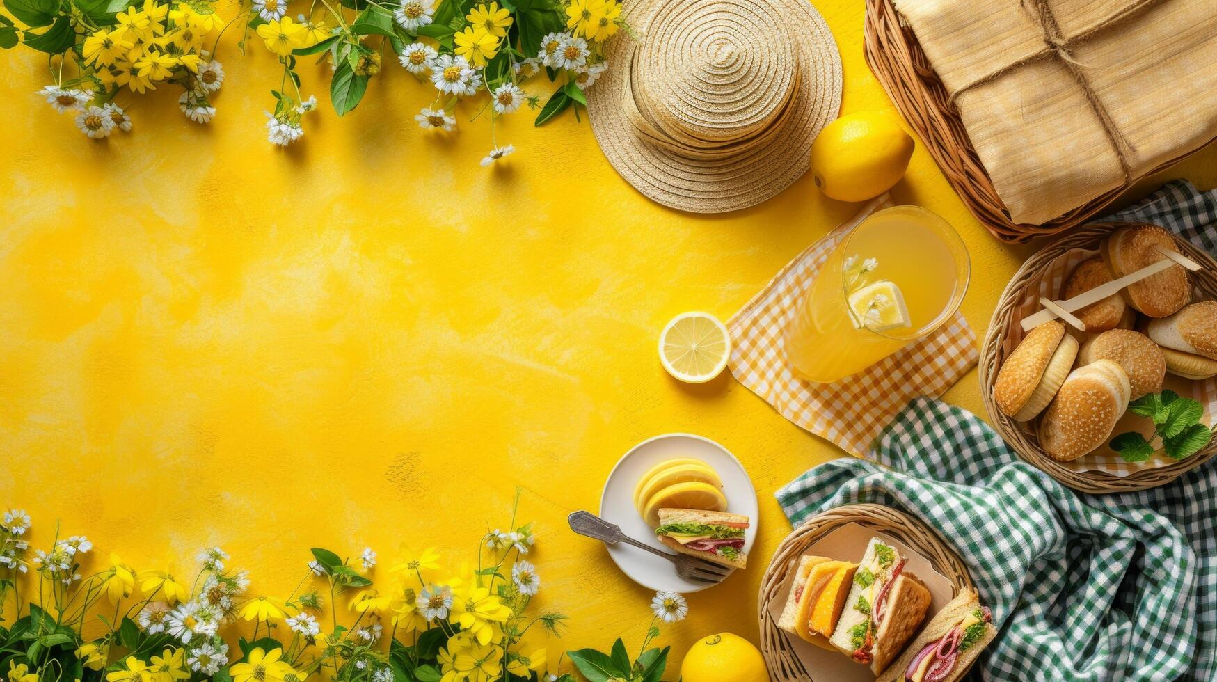 AI generated An abstract collage of picnic items with baskets, sandwiches, and refreshing lemonade, capturing summertime bliss. photo