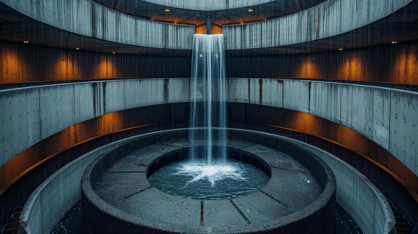 AI generated Abstract view of an urban atrium, a cascading waterfall amidst steel and concrete surroundings. photo