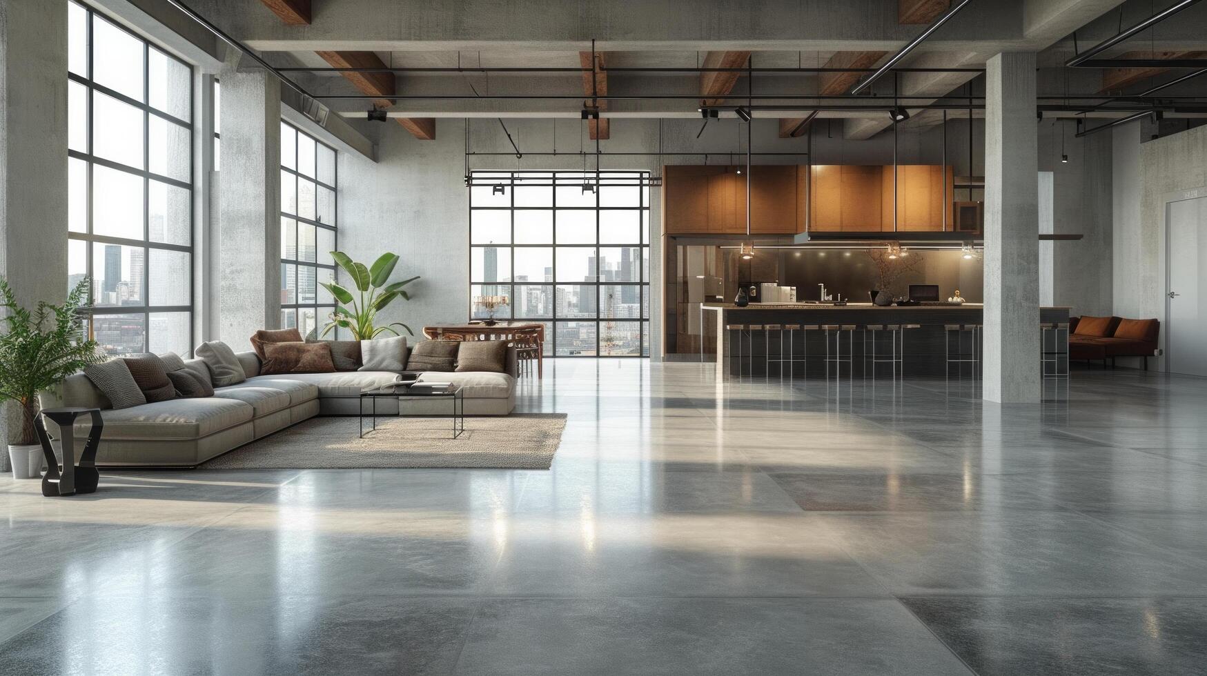AI generated Minimalist interior of a spacious, open-concept loft, featuring industrial concrete and exposed beams. photo