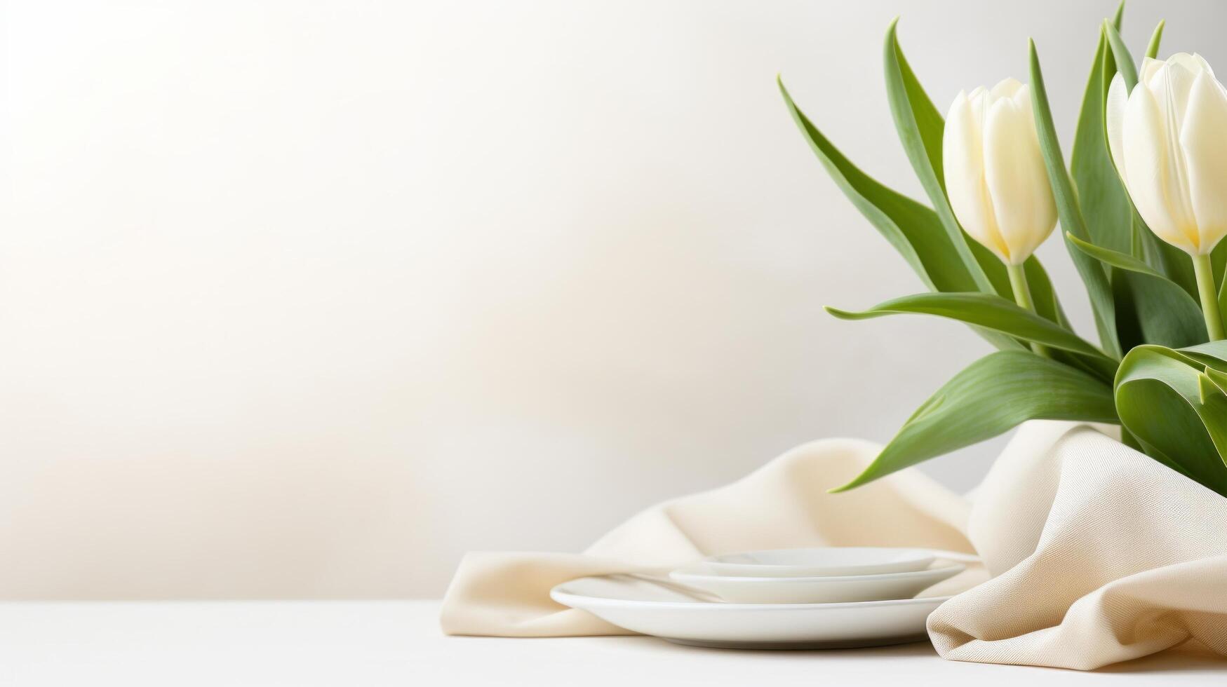 AI generated A chic Easter table setting with a single blooming tulip as a centerpiece against a crisp white tablecloth. photo