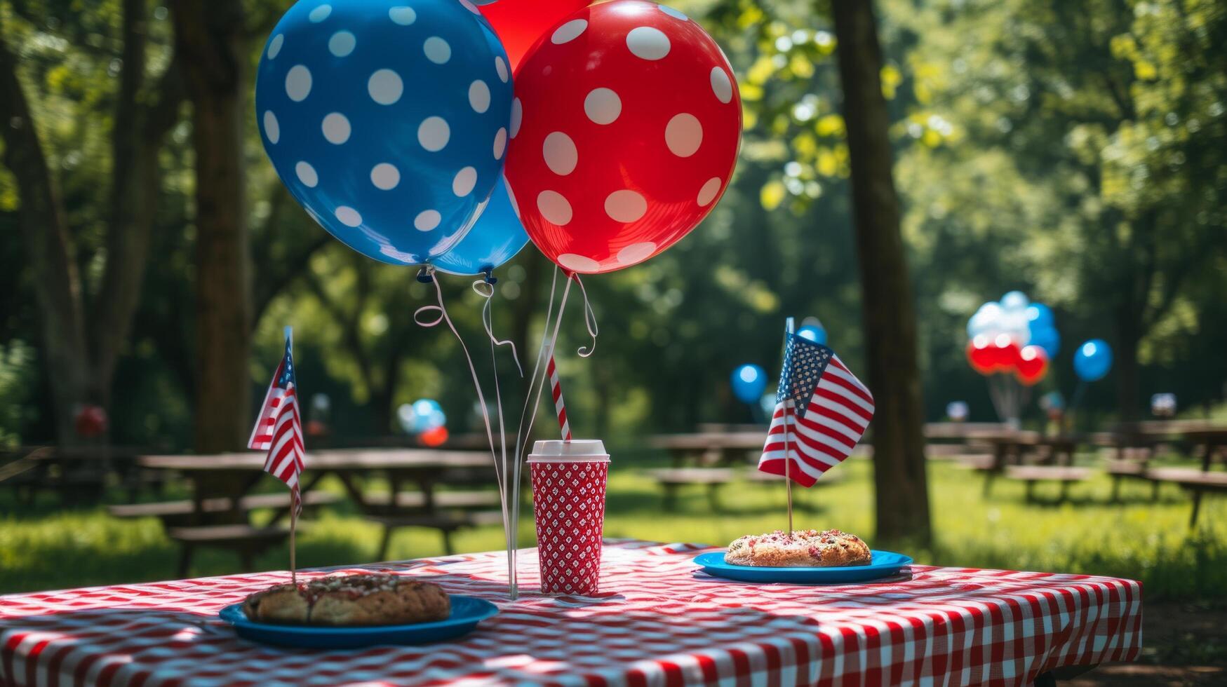 AI generated Red, white, and blue picnic decorations, balloons, and flags, celebrating patriotic outdoor gatherings. photo