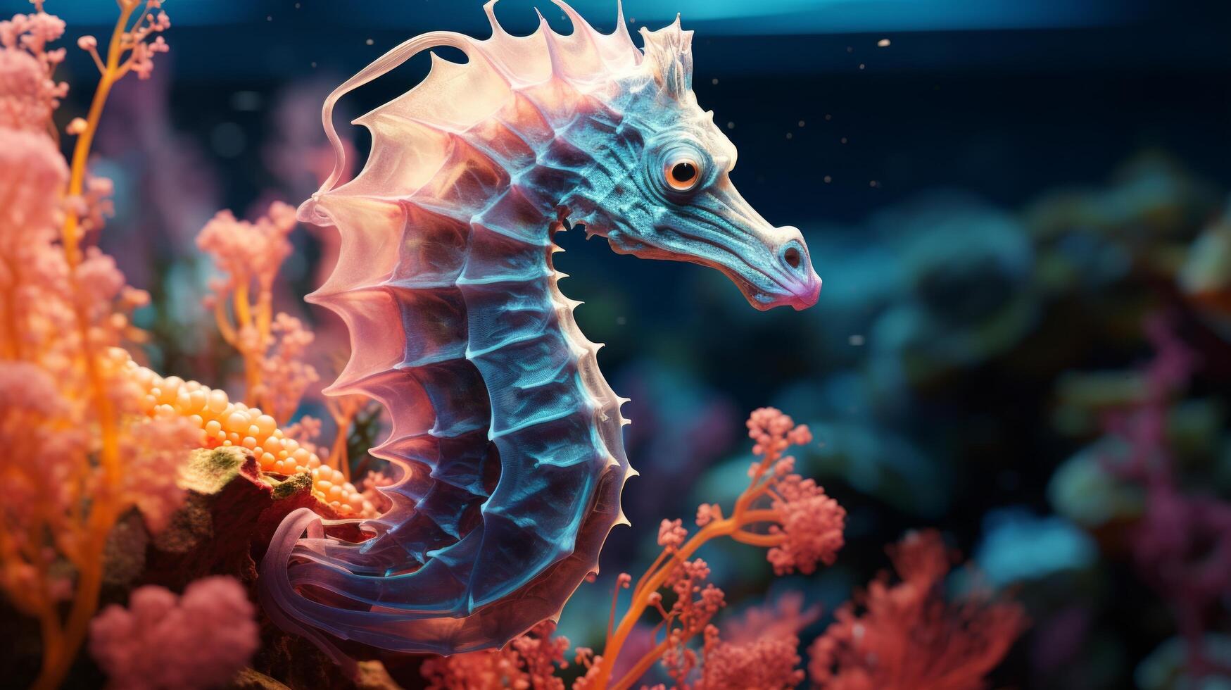 AI generated A close-up of a neon-bright seahorse, blending seamlessly with its coral surroundings. photo