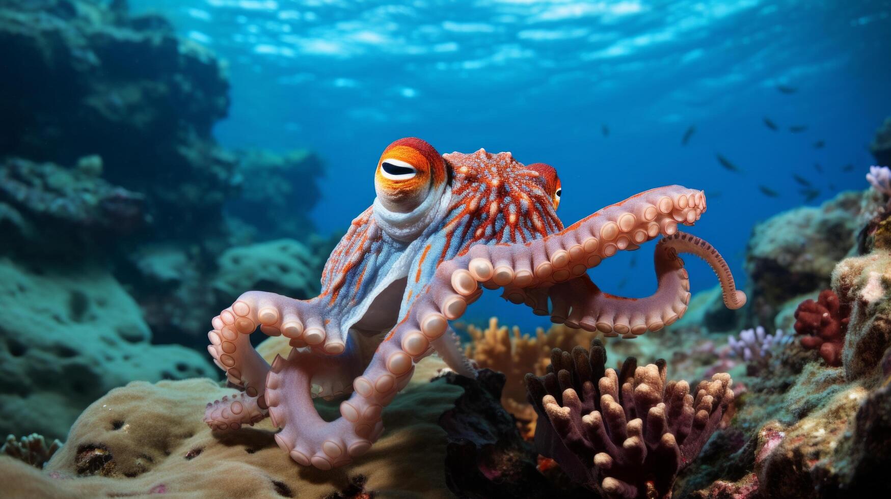 AI generated A curious octopus displaying its incredible camouflage skills, blending into its vibrant coral home photo