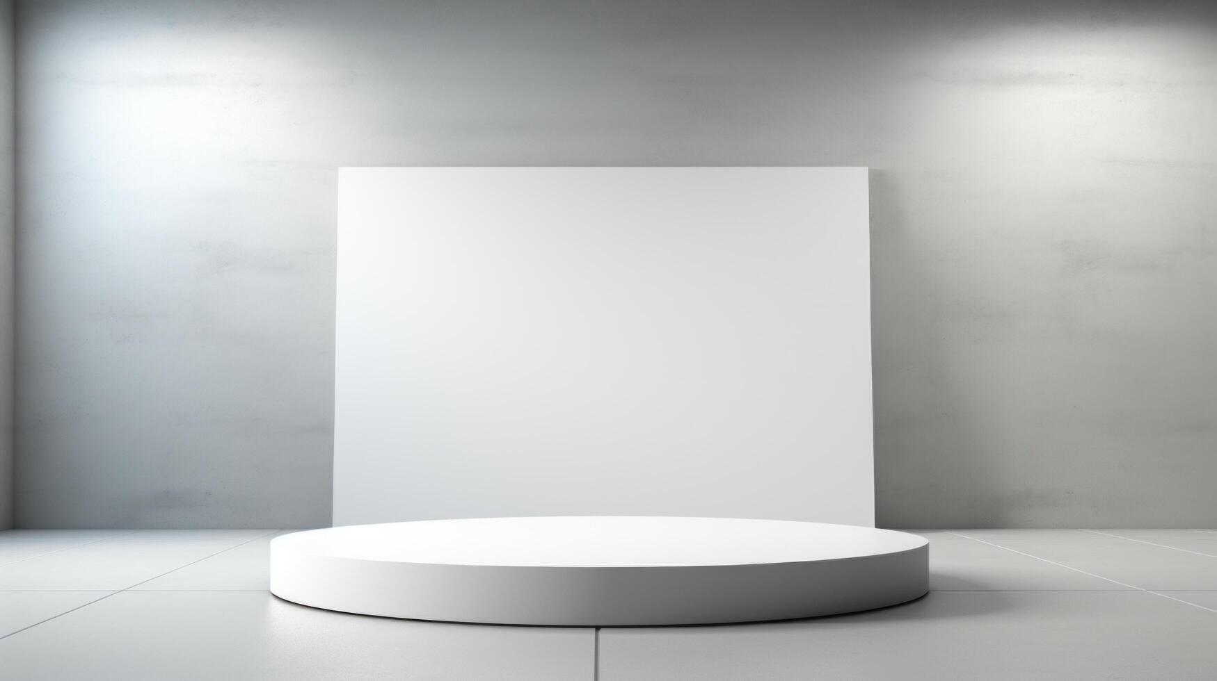 AI generated A minimalist podium in a contemporary art gallery with a pristine white backdrop. photo