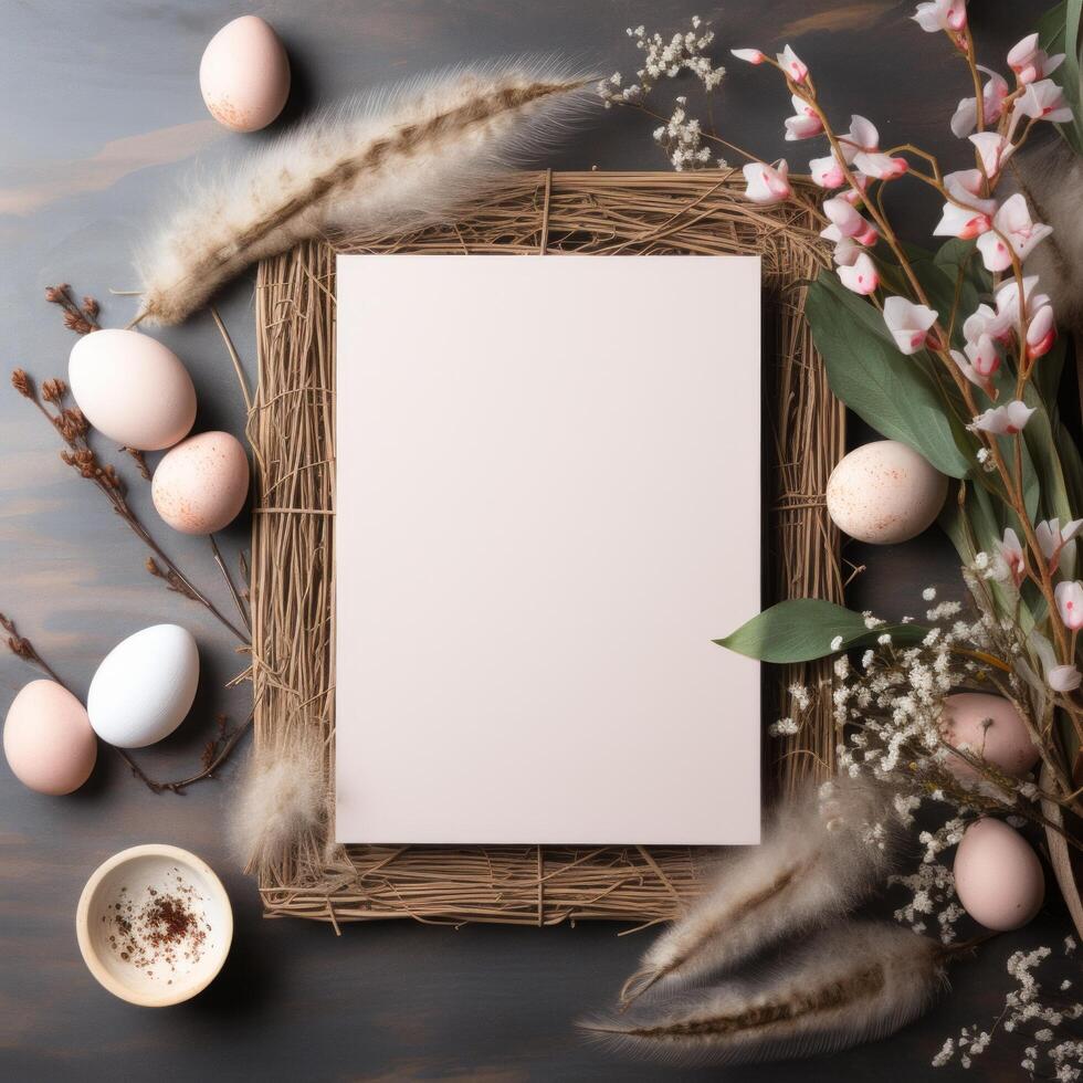 AI generated A serene Easter background showcasing a clean wooden frame and subtle pastel elements. photo
