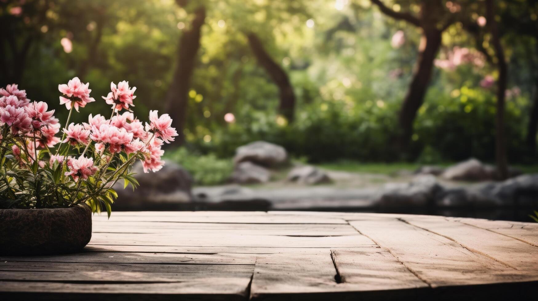 AI generated A tranquil empty stage in a serene garden with blooming flowers and a natural backdrop. photo