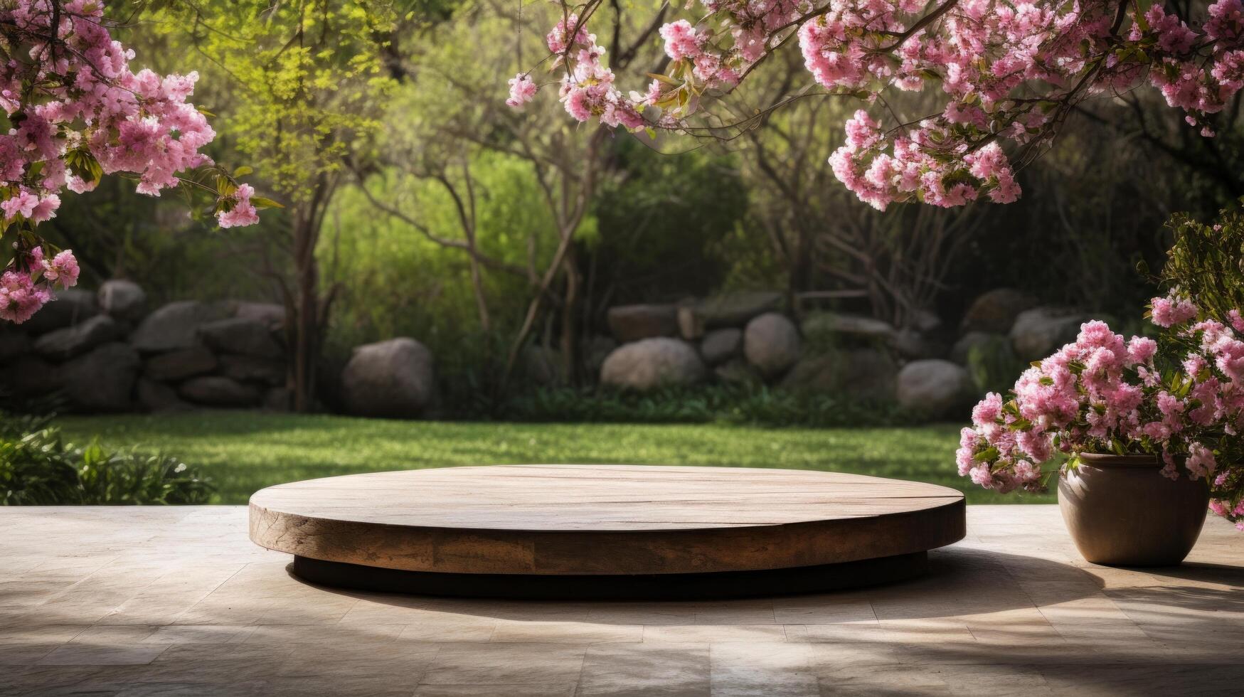 AI generated A tranquil empty stage in a serene garden with blooming flowers and a natural backdrop. photo