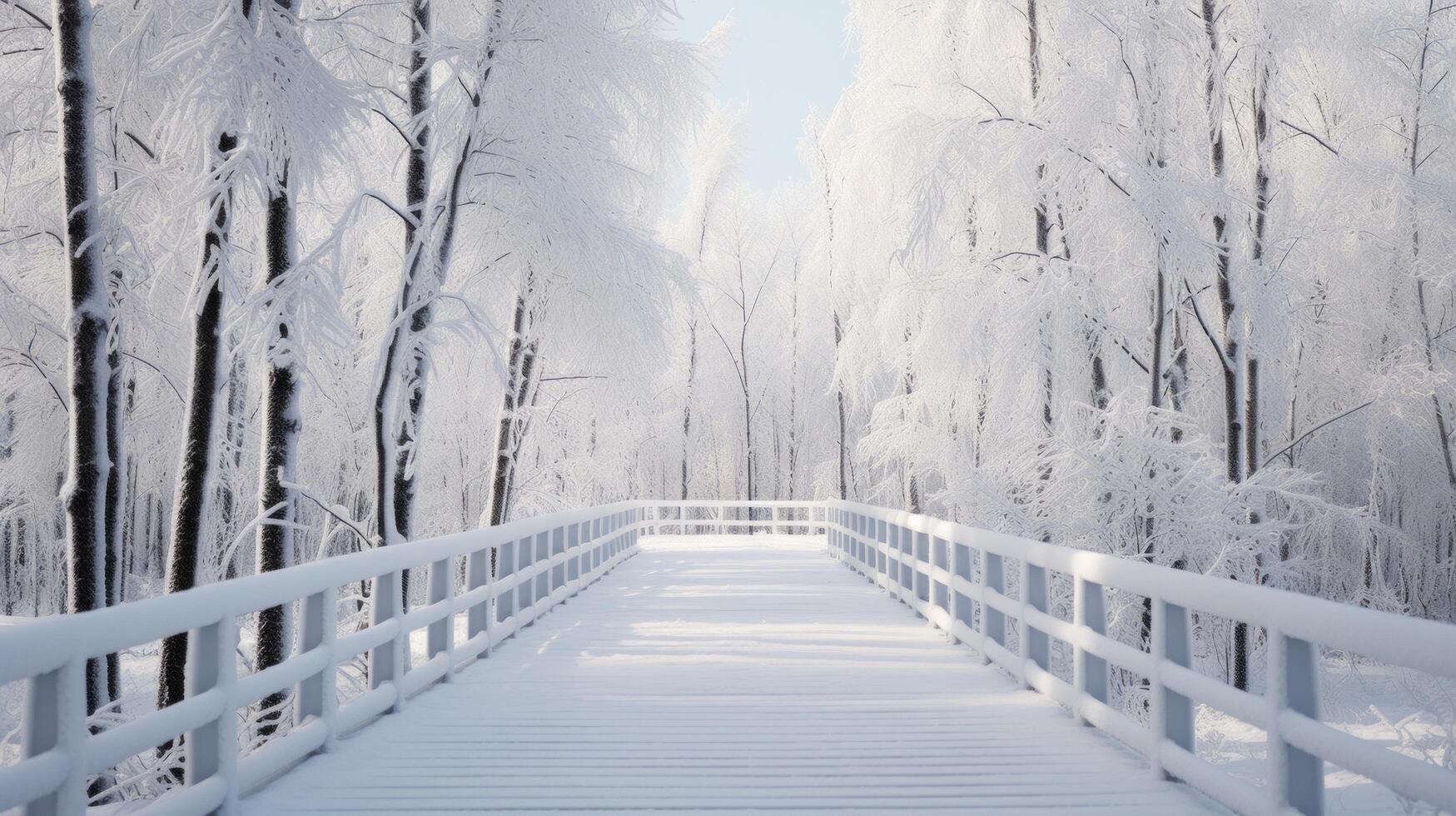 AI generated An empty catwalk amidst a pristine snowy forest, with trees draped in white. photo