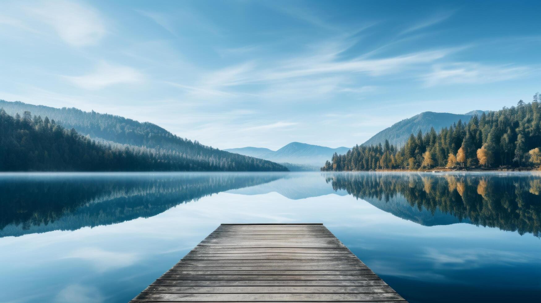 ai generado un desocupado plataforma en un tranquilo orilla del lago, con como espejo aguas reflejando el alrededores. foto