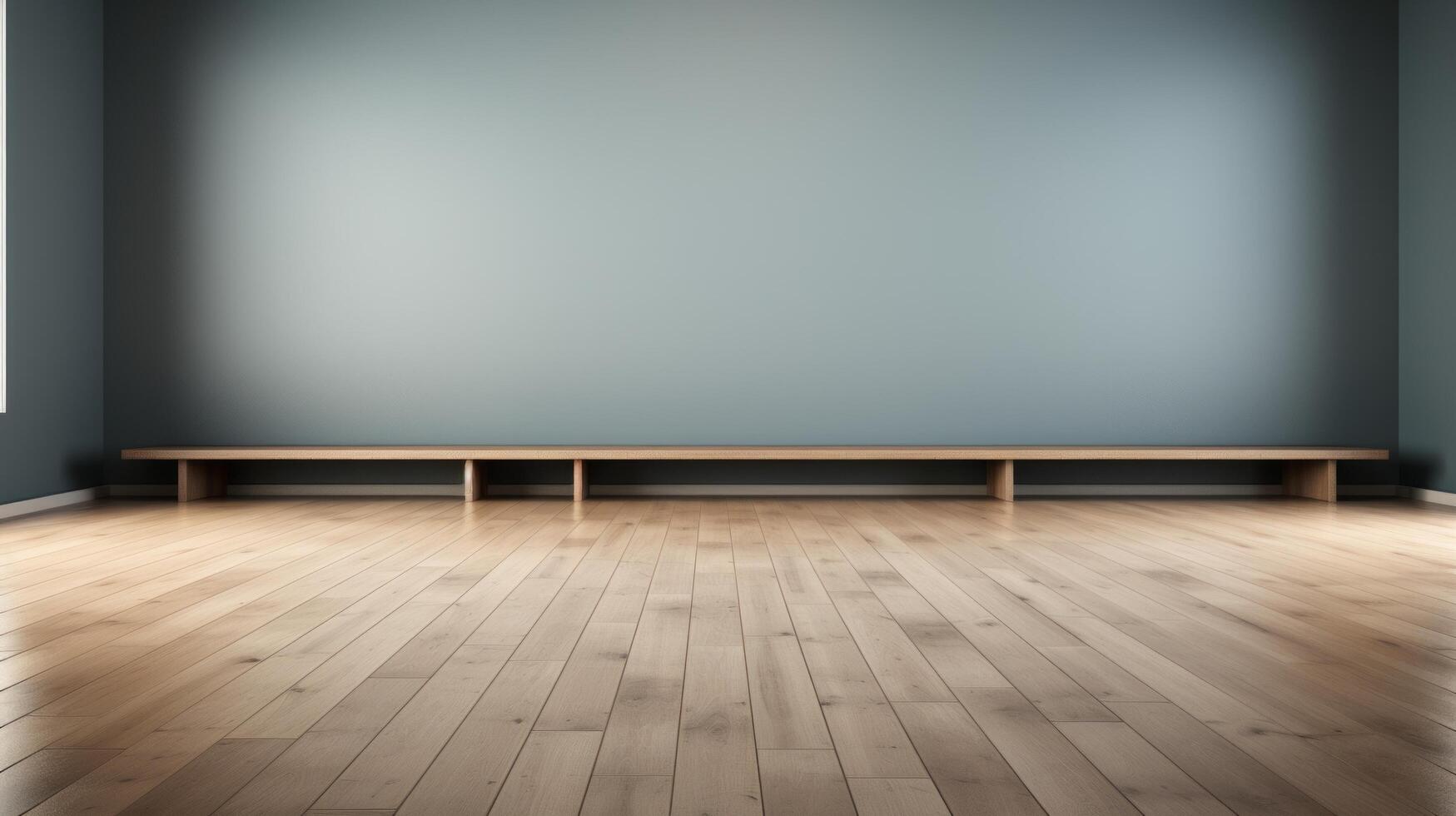 AI generated An upscale empty conference stage with polished wood flooring and a sophisticated gray backdrop. photo