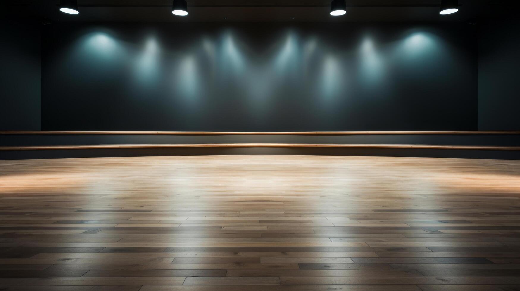 AI generated An upscale empty conference stage with polished wood flooring and a sophisticated gray backdrop. photo