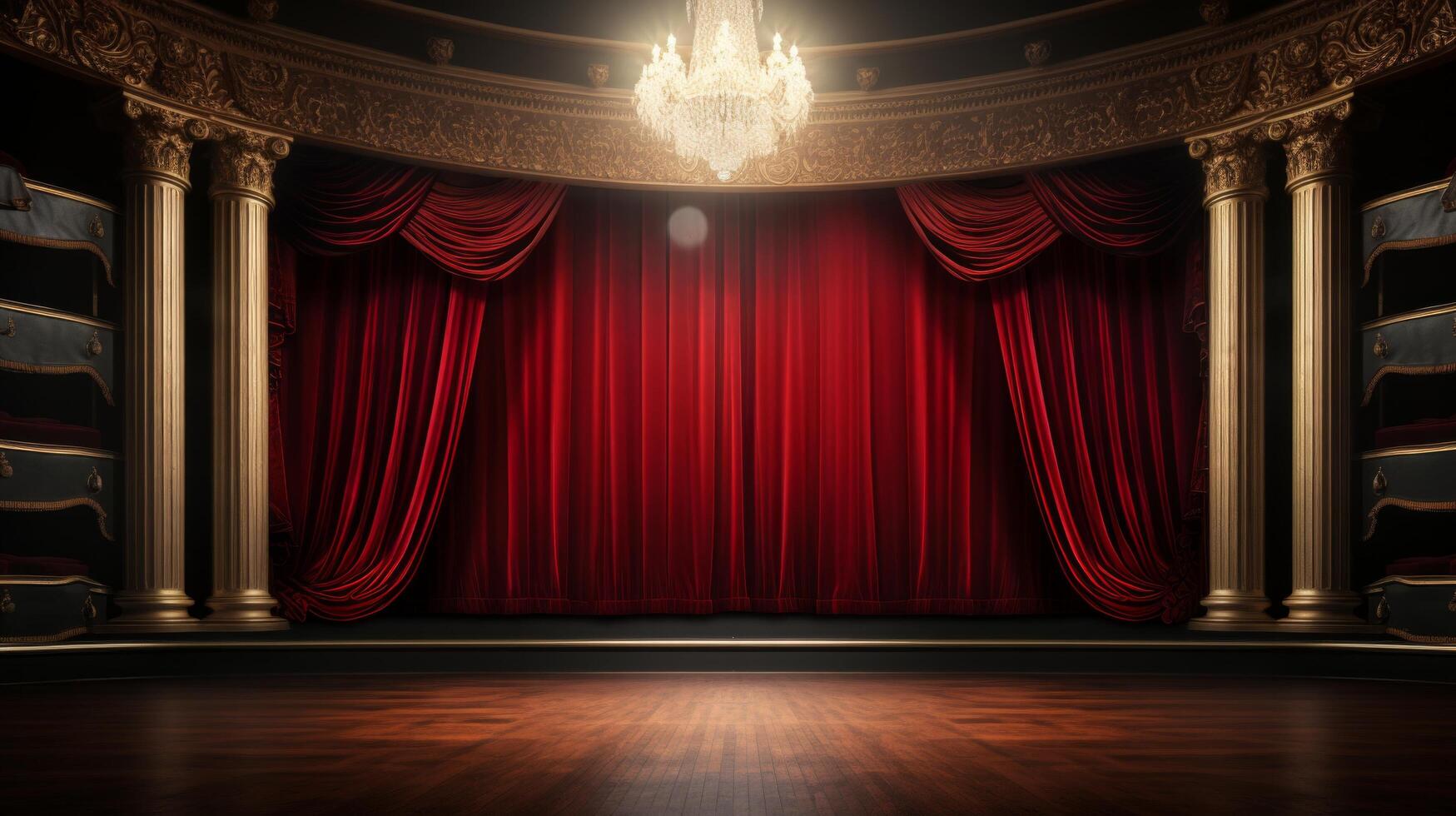 AI generated An upscale empty theater stage with dramatic, floor-to-ceiling red curtains and a classic backdrop. photo