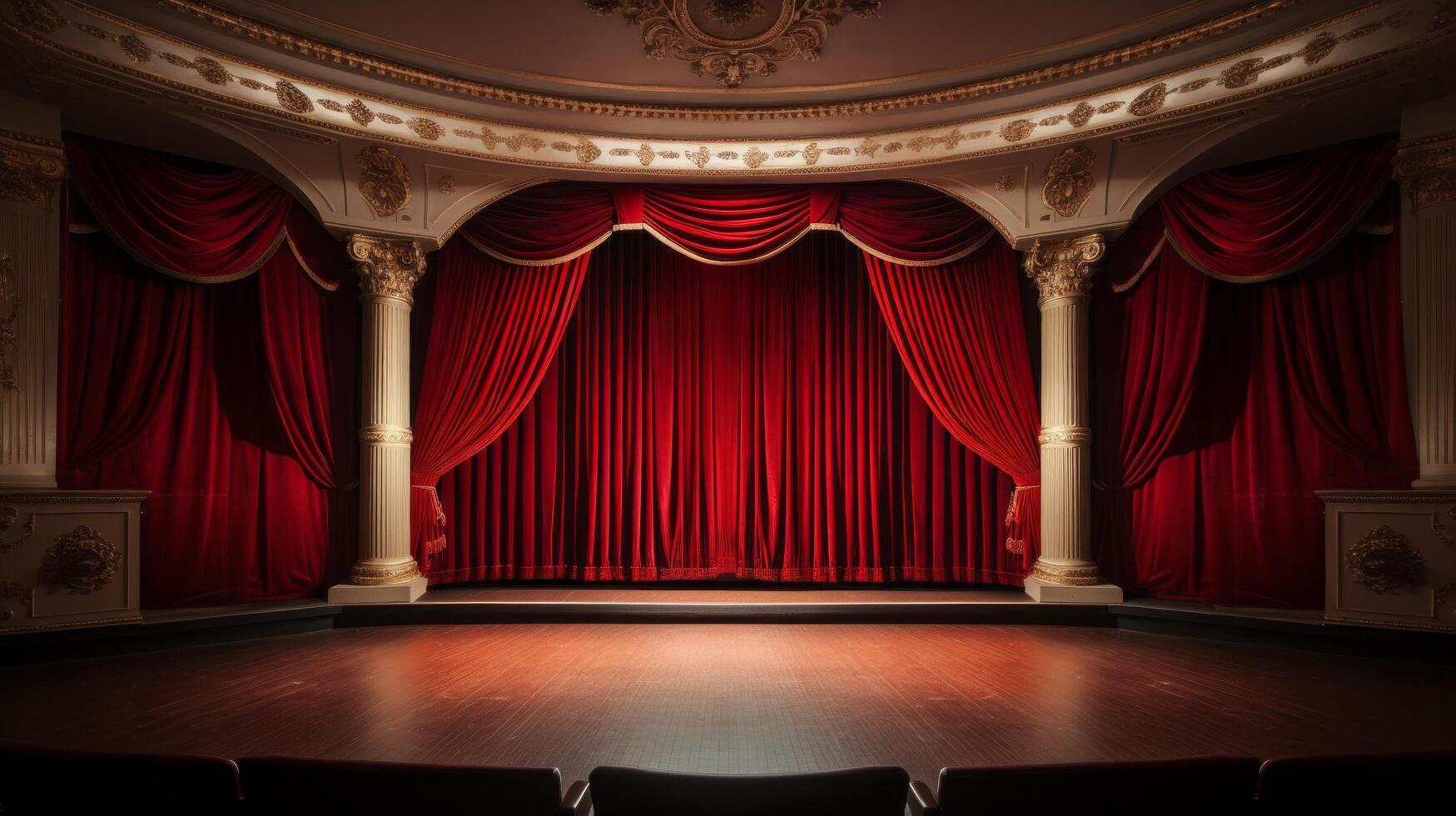 AI generated An upscale empty theater stage with dramatic, floor-to-ceiling red curtains and a classic backdrop. photo