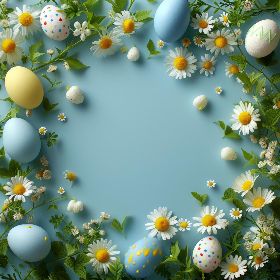 AI generated A delightful Easter background surrounded by a clean and stylish egg-shaped border photo