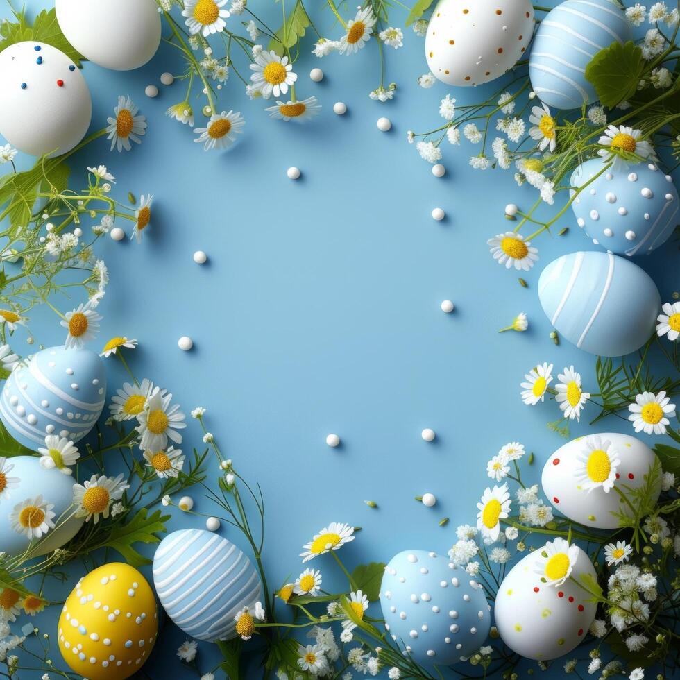 AI generated A delightful Easter background surrounded by a clean and stylish egg-shaped border photo