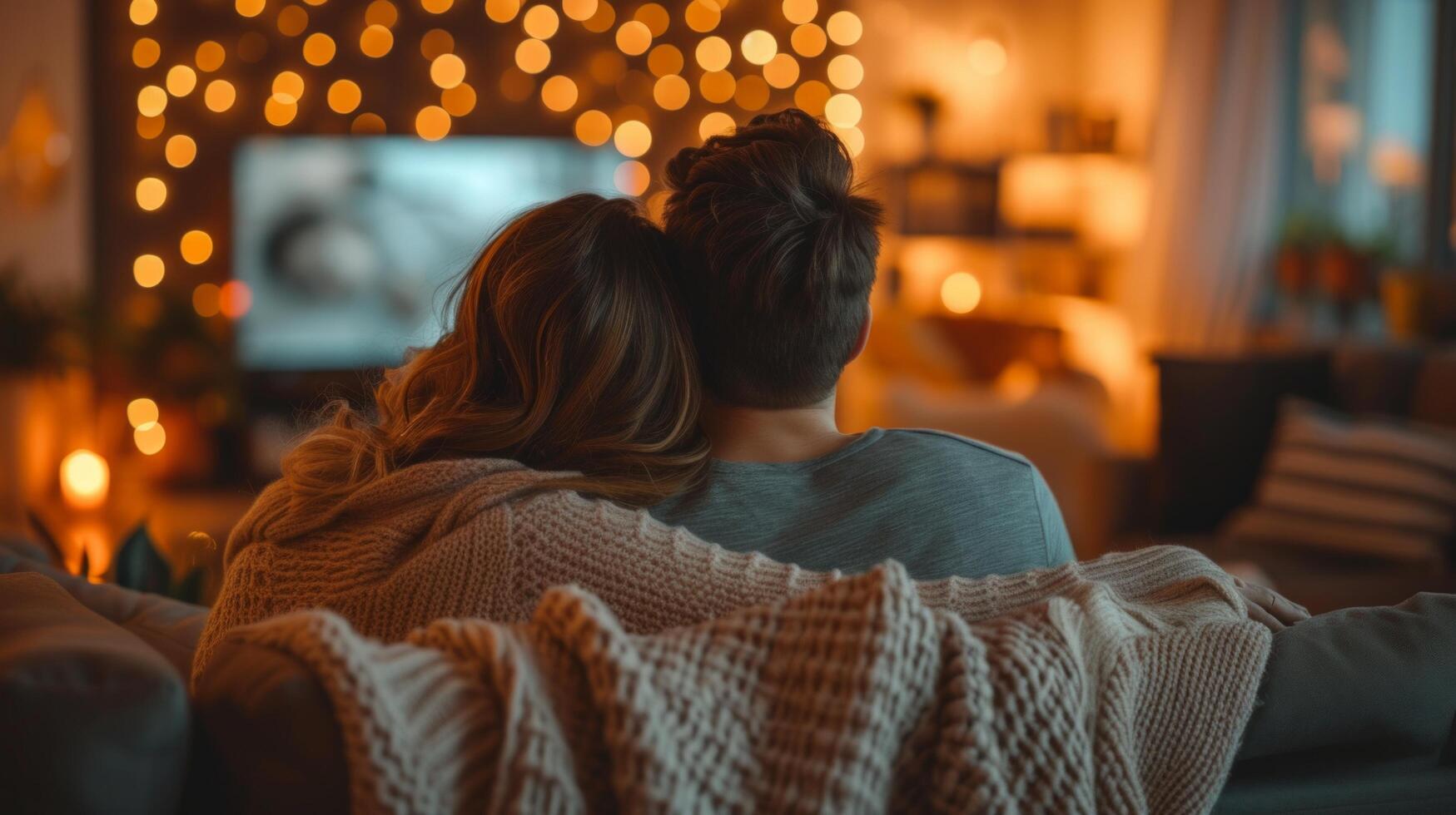 AI generated A couple cuddling on the couch, watching a heartwarming movie together photo