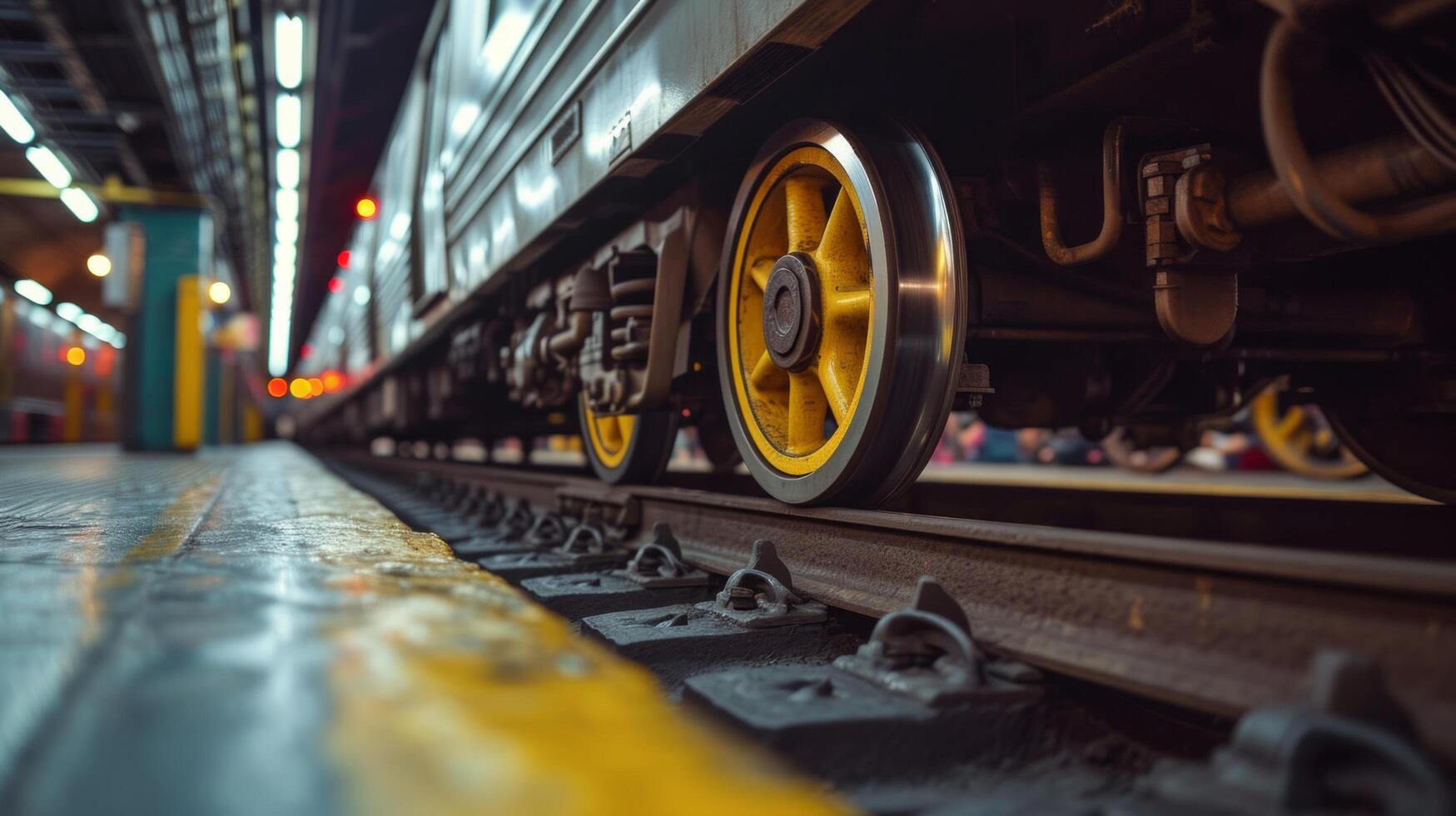 AI generated A close-up of a subway train's wheels on tracks, a reminder of urban transportation's mechanics photo