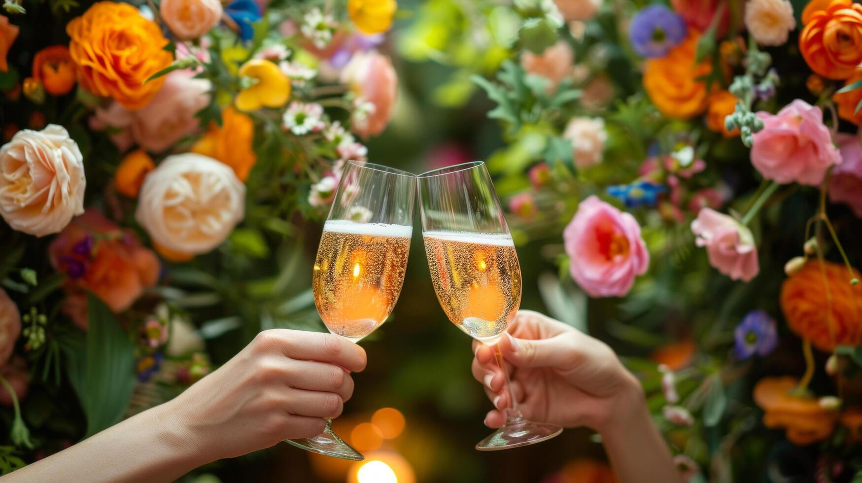 ai generado un celebración brindis debajo un floral arco, calificación el alegría de el jardín fiesta foto