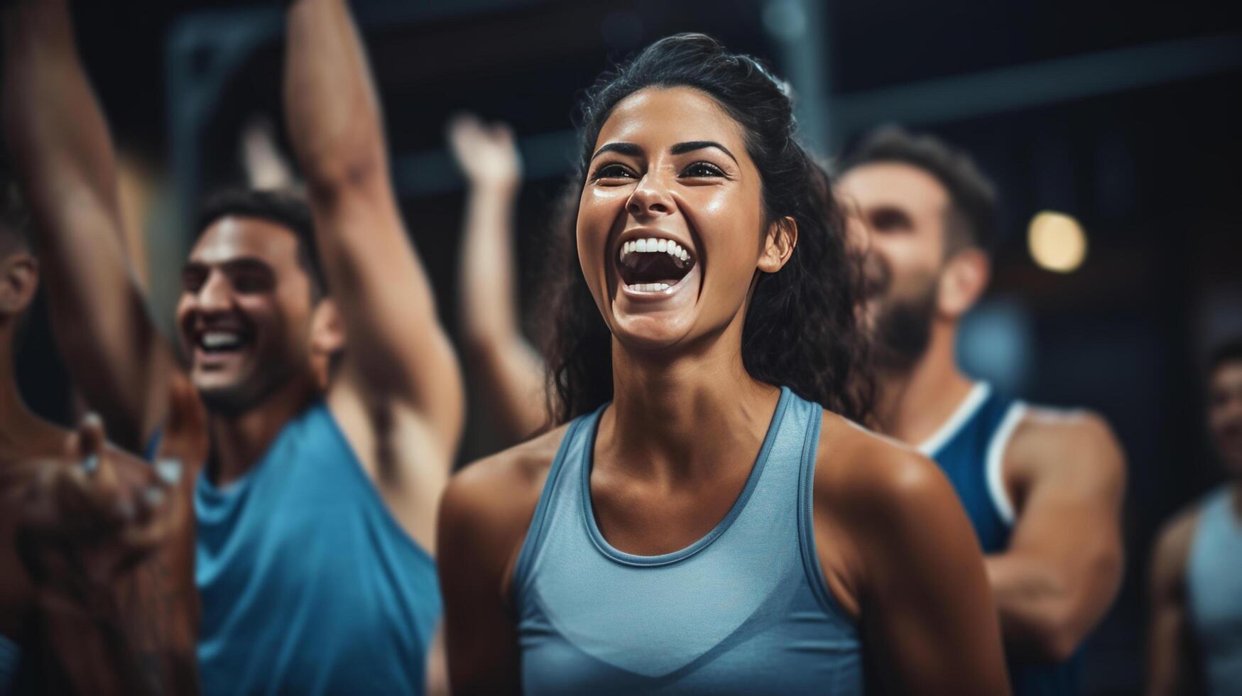 AI generated A group of friends participating in a fun and challenging team-building fitness class photo