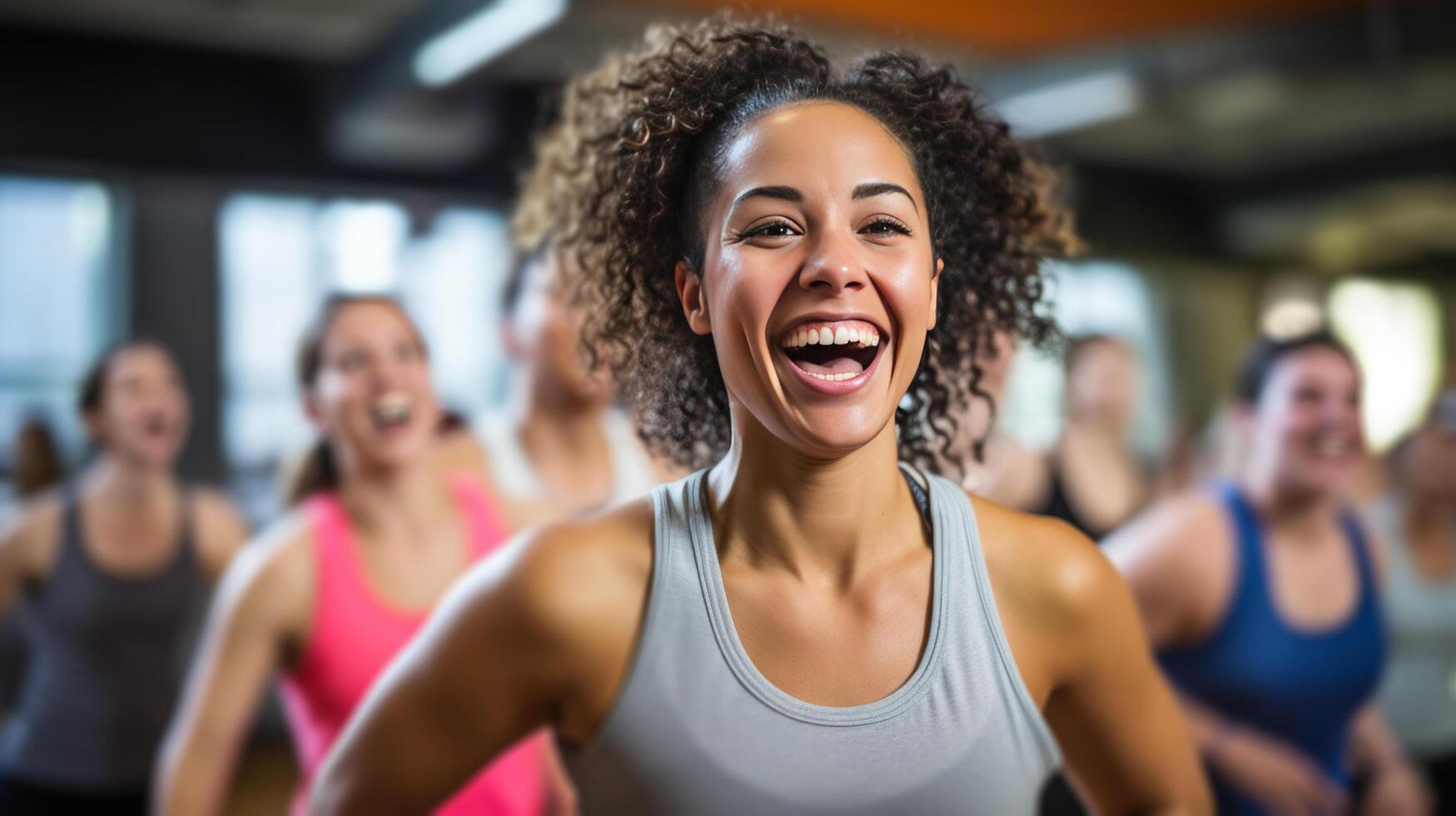 AI generated A group of people participating in a lively and energetic dance fitness class photo