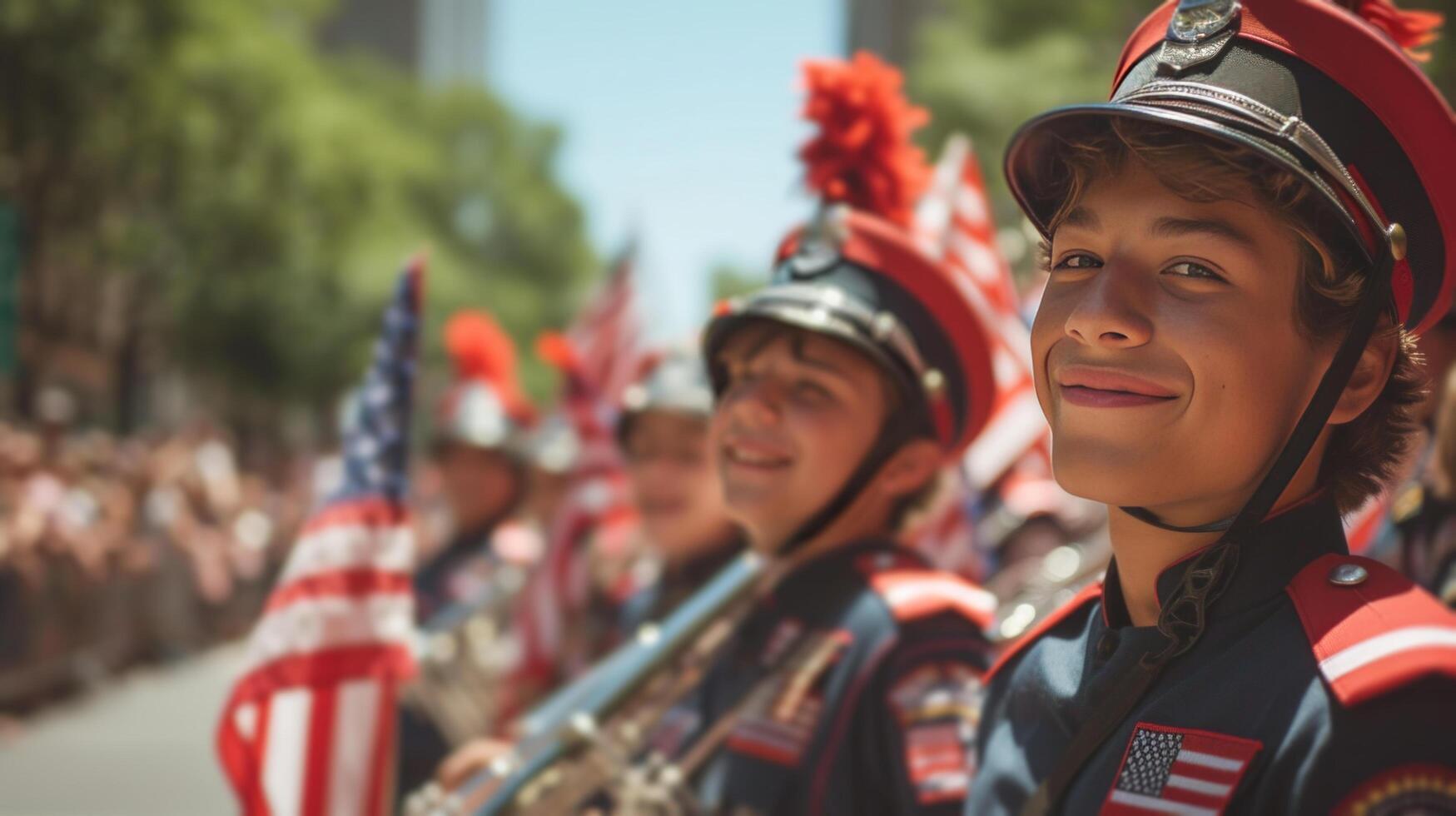 AI generated A patriotic parade featuring marching bands, waving flags, and smiling spectators photo