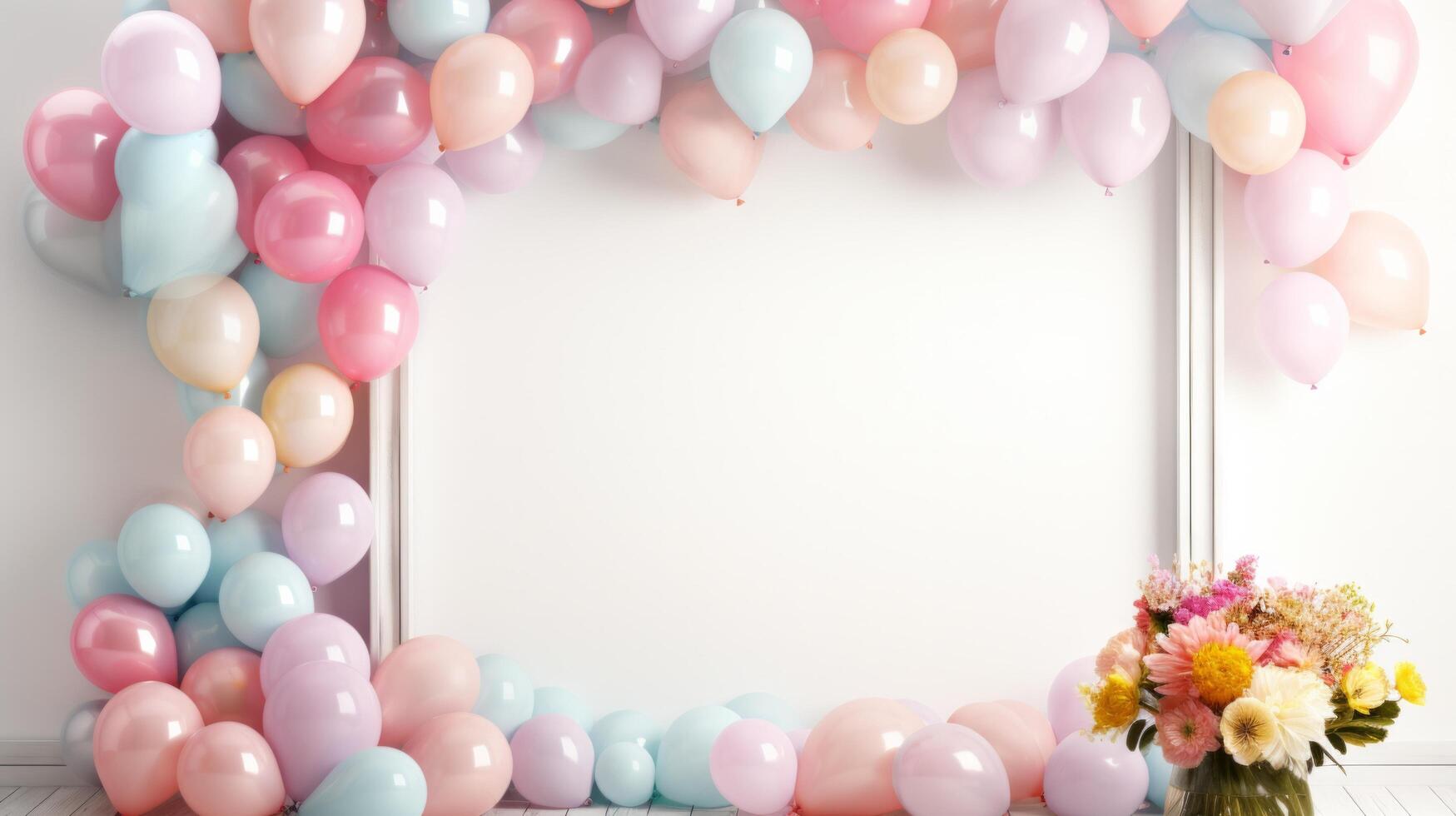 AI generated A serene celebration setup with a wooden frame and clusters of delicate, pastel balloons photo