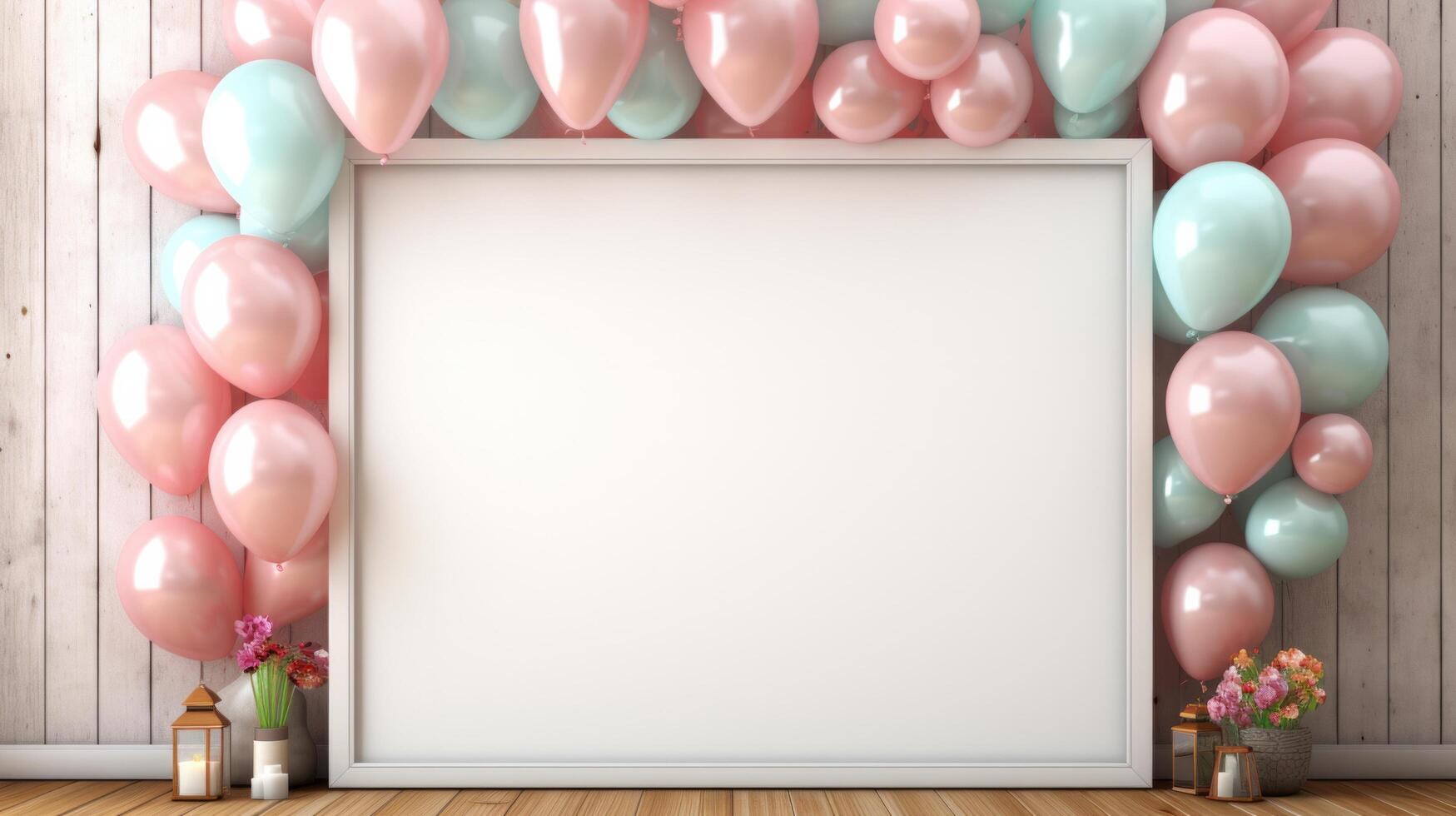 AI generated A serene celebration setup with a wooden frame and clusters of delicate, pastel balloons photo