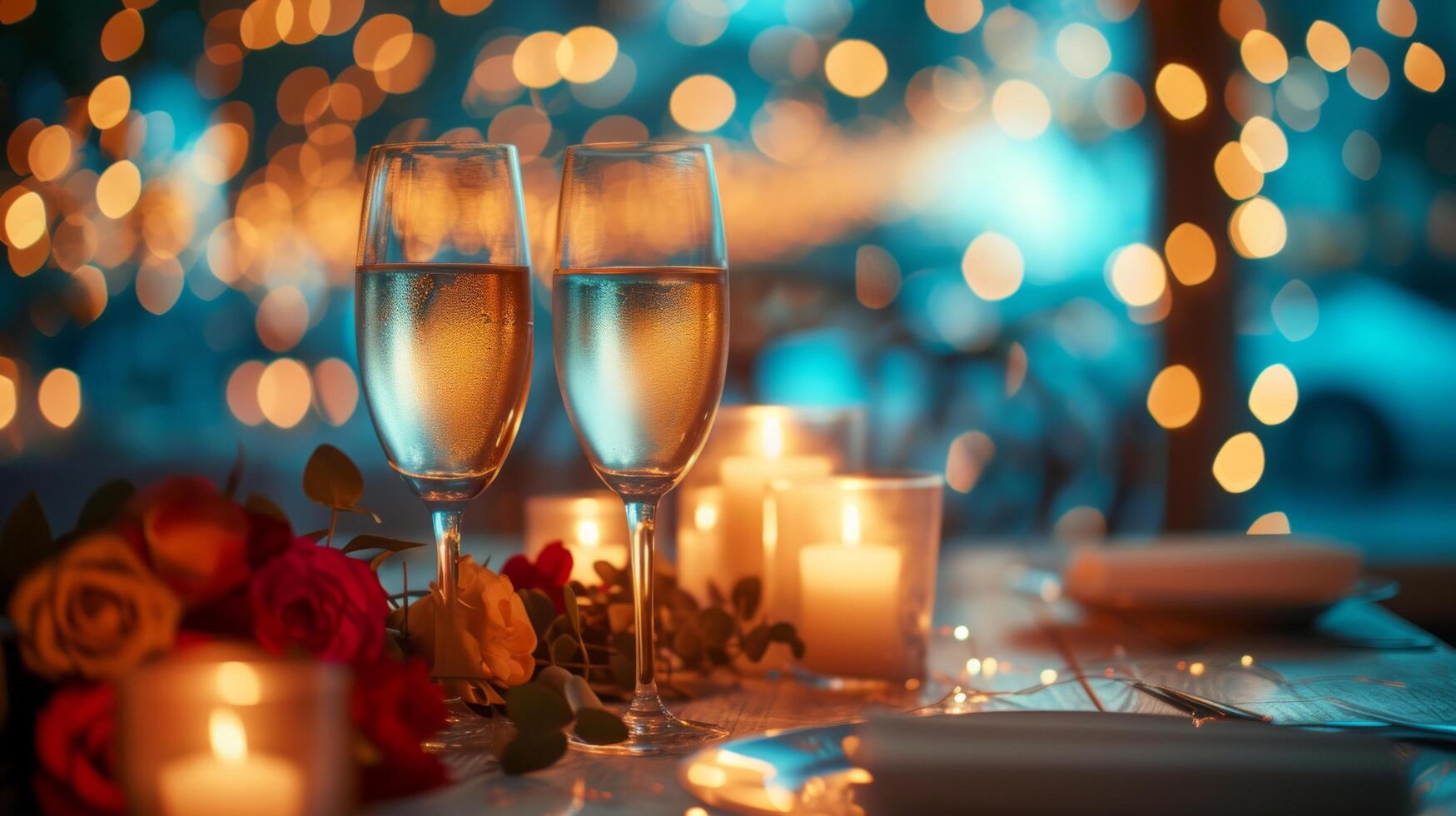 AI generated A soft-focus background with blurred lights, conveying the enchantment of a candlelit dinner photo