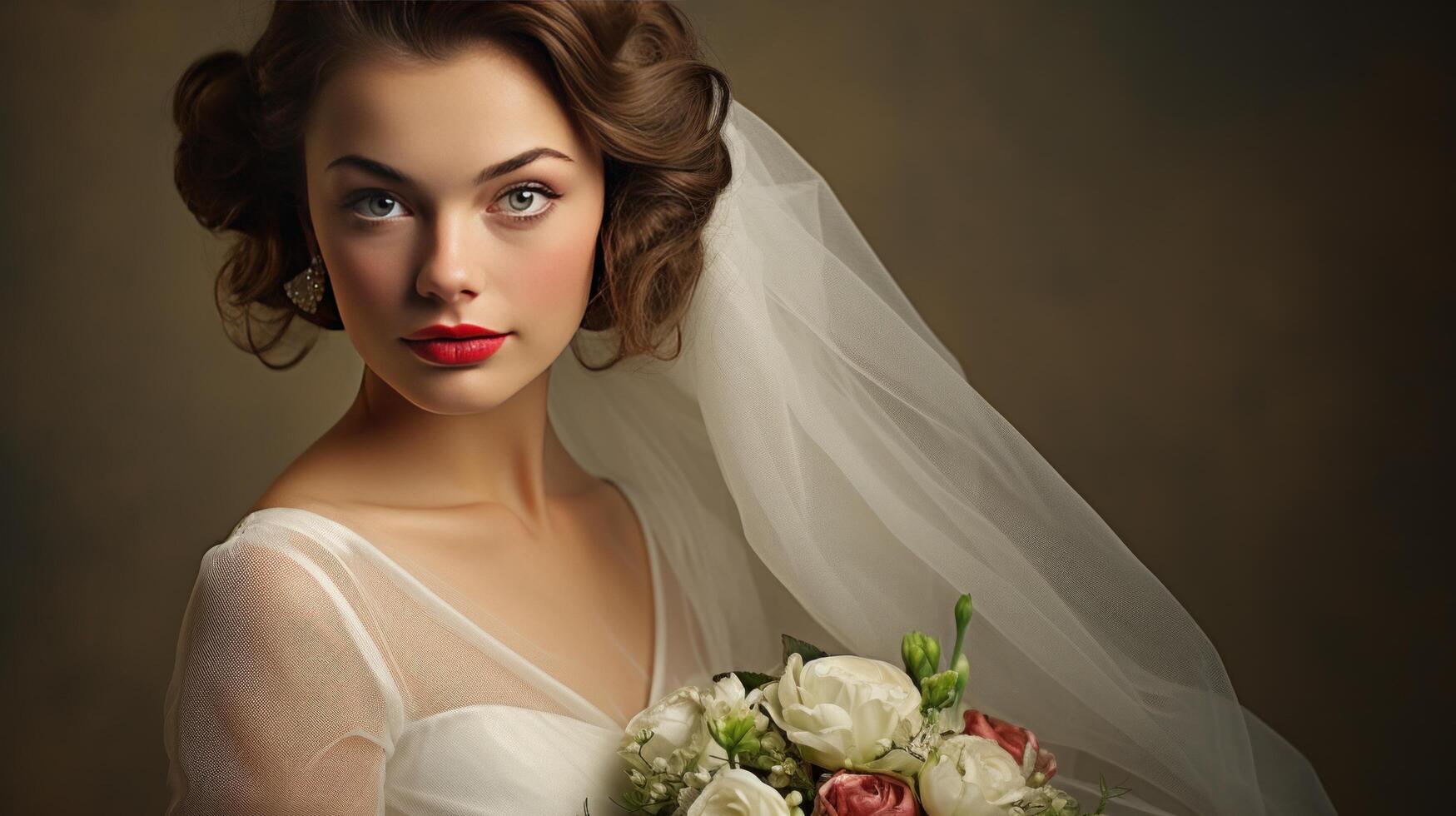 AI generated A vintage-inspired portrait of the bride, exuding classic beauty and timeless sophistication photo