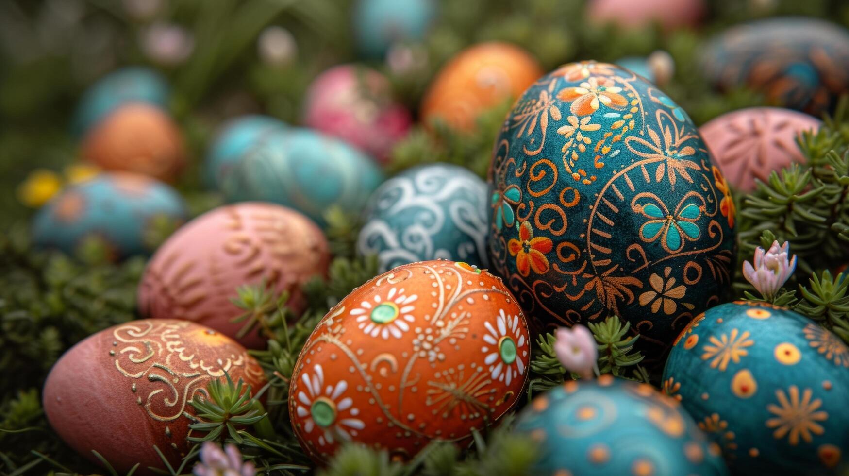 AI generated An enchanting Easter egg display showcasing intricate hand-painted designs and patterns photo