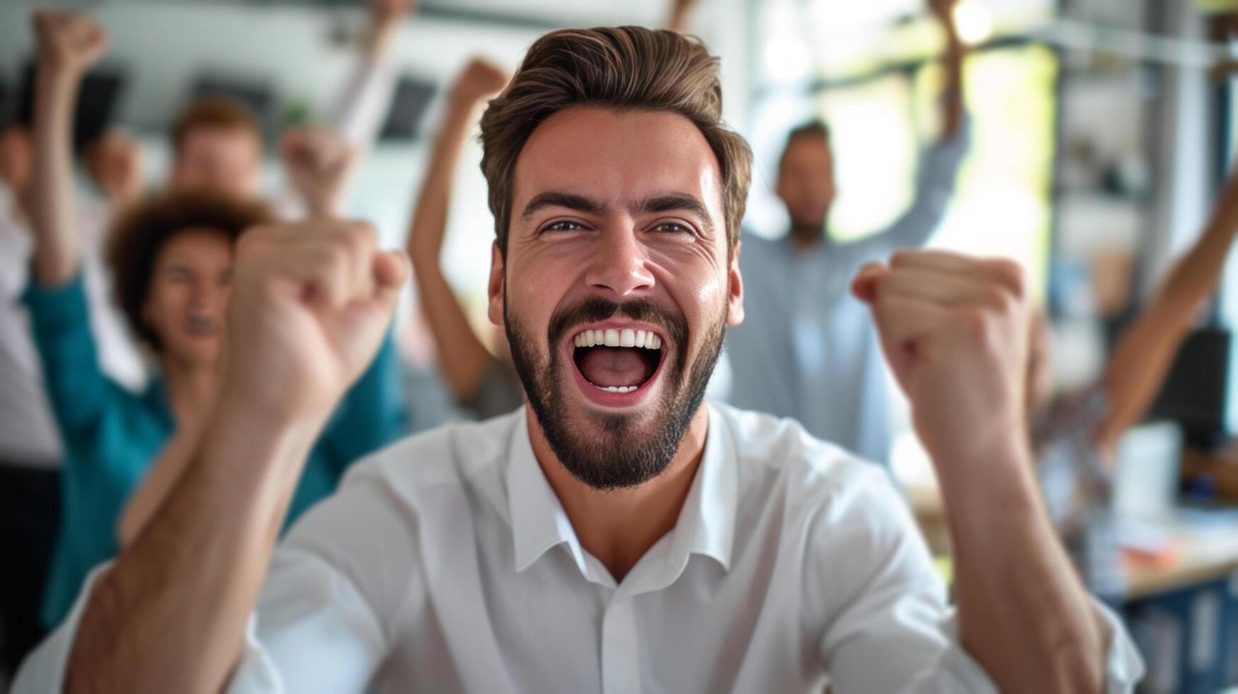 AI generated Colleagues cheering on a colleague who just received a promotion, filled with joy photo