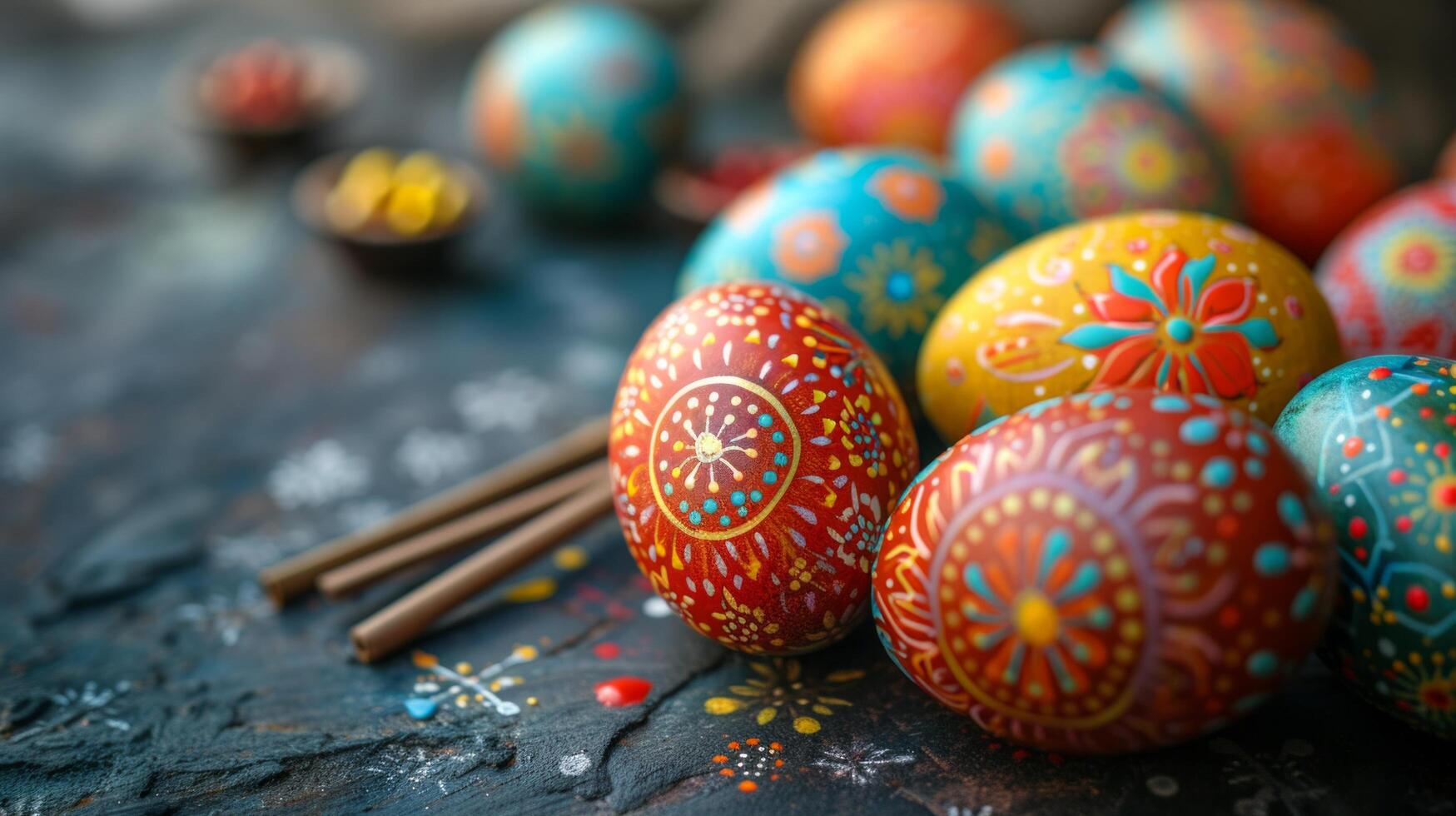 AI generated An enchanting Easter egg display showcasing intricate hand-painted designs and patterns photo