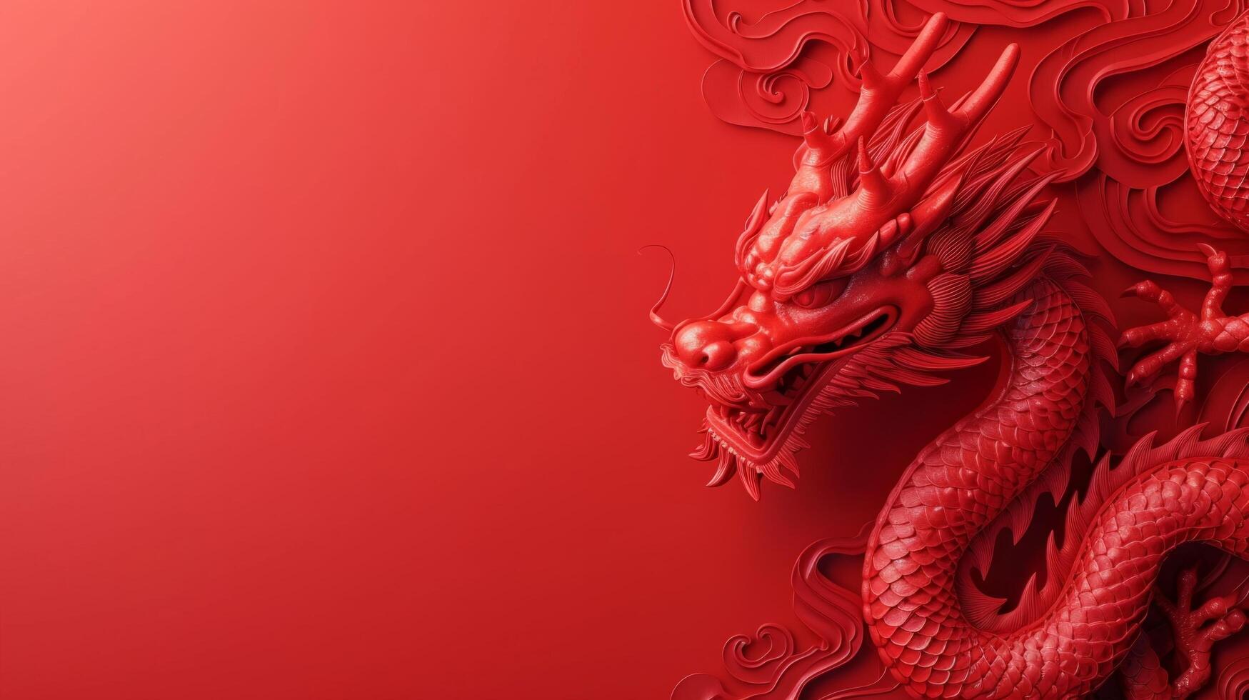AI generated Beautiful red minimalistic background with Chinese red dragon on the right photo