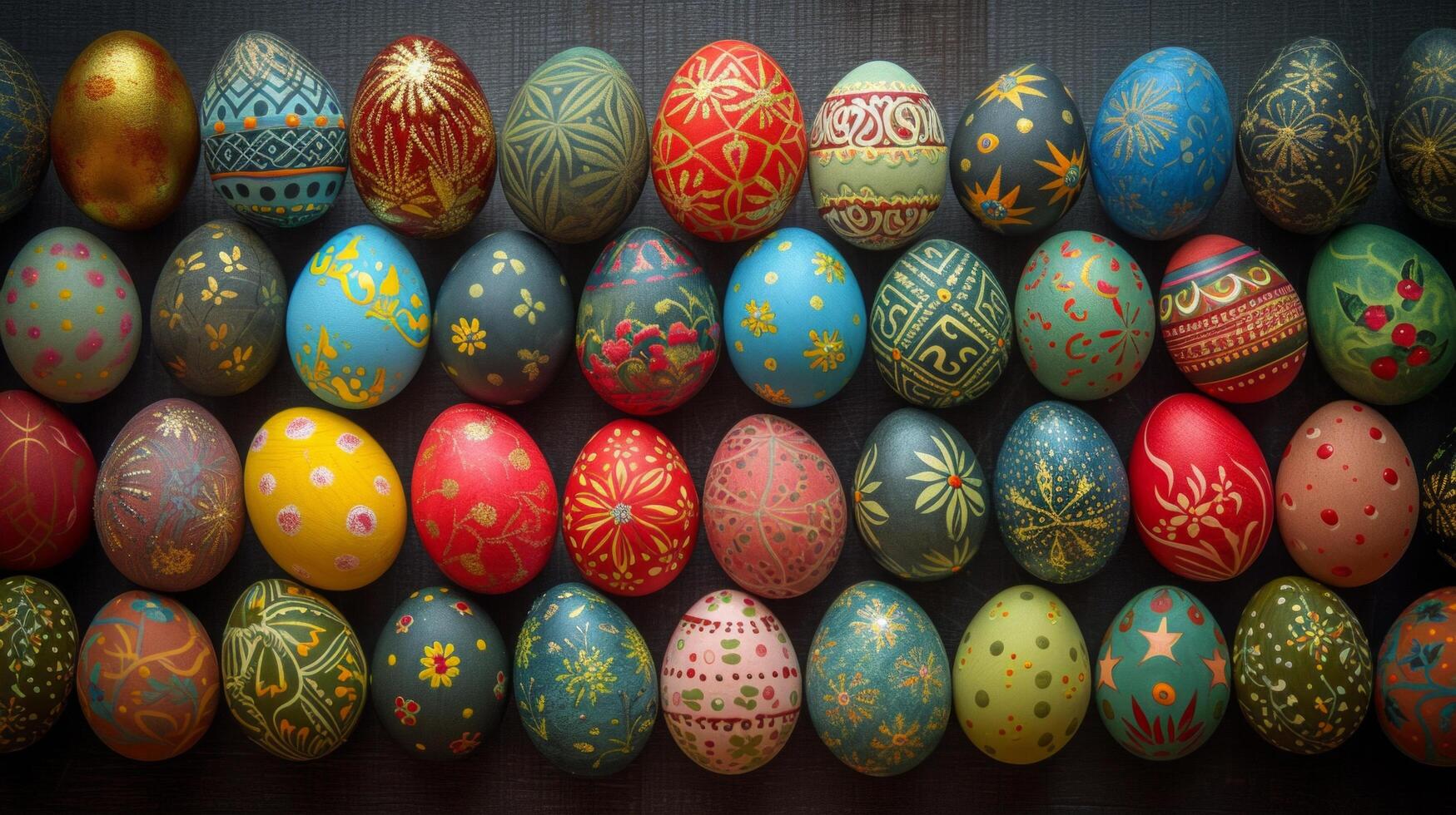 AI generated An enchanting Easter egg display showcasing intricate hand-painted designs and patterns photo