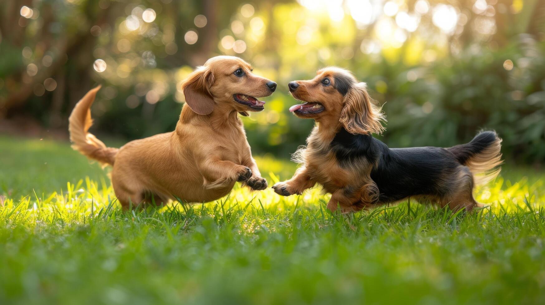 AI generated Two playful Dachshunds wrestling in lush grass, their tails wagging furiously photo