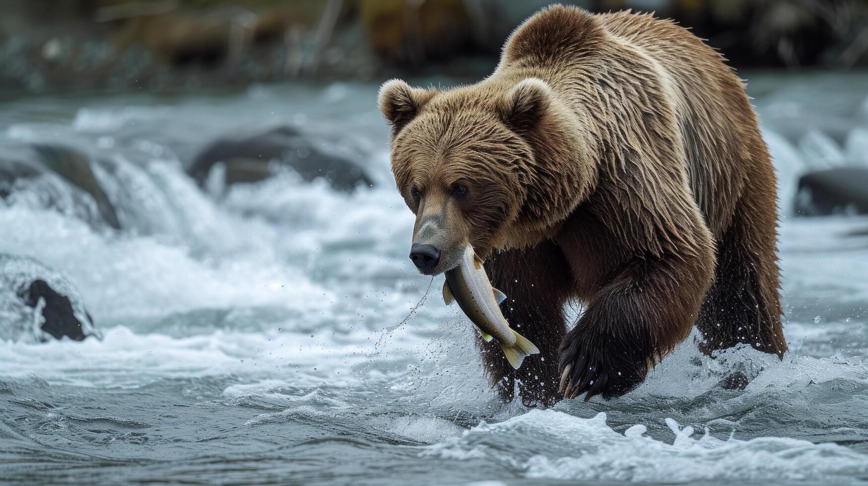 AI generated A magnificent grizzly bear catching salmon in a rushing Alaskan river, its powerful presence undeniable. photo